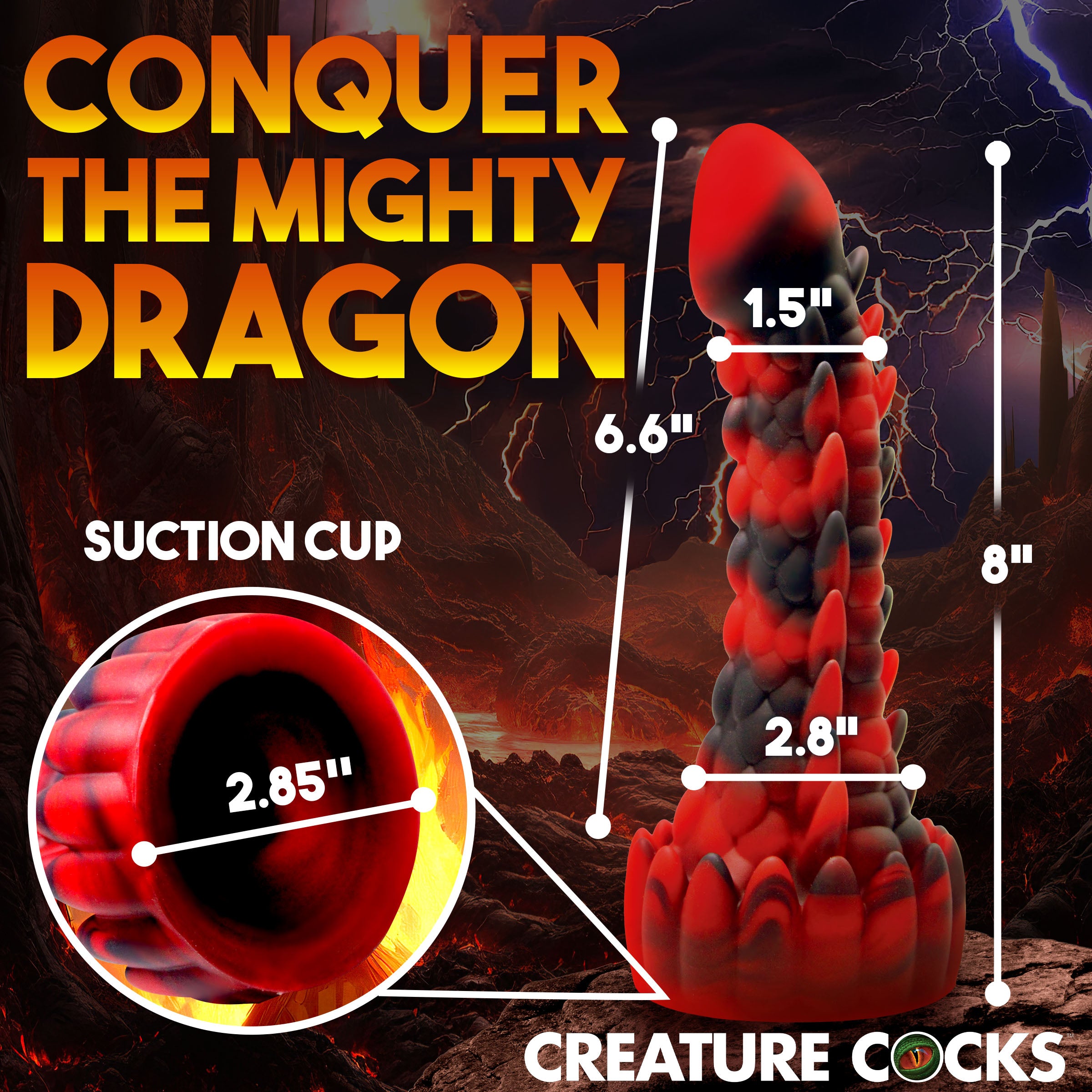 Demon Rising Scaly Dragon Silicone Dildo in red and black, featuring textured shaft and suction cup base for hands-free pleasure.