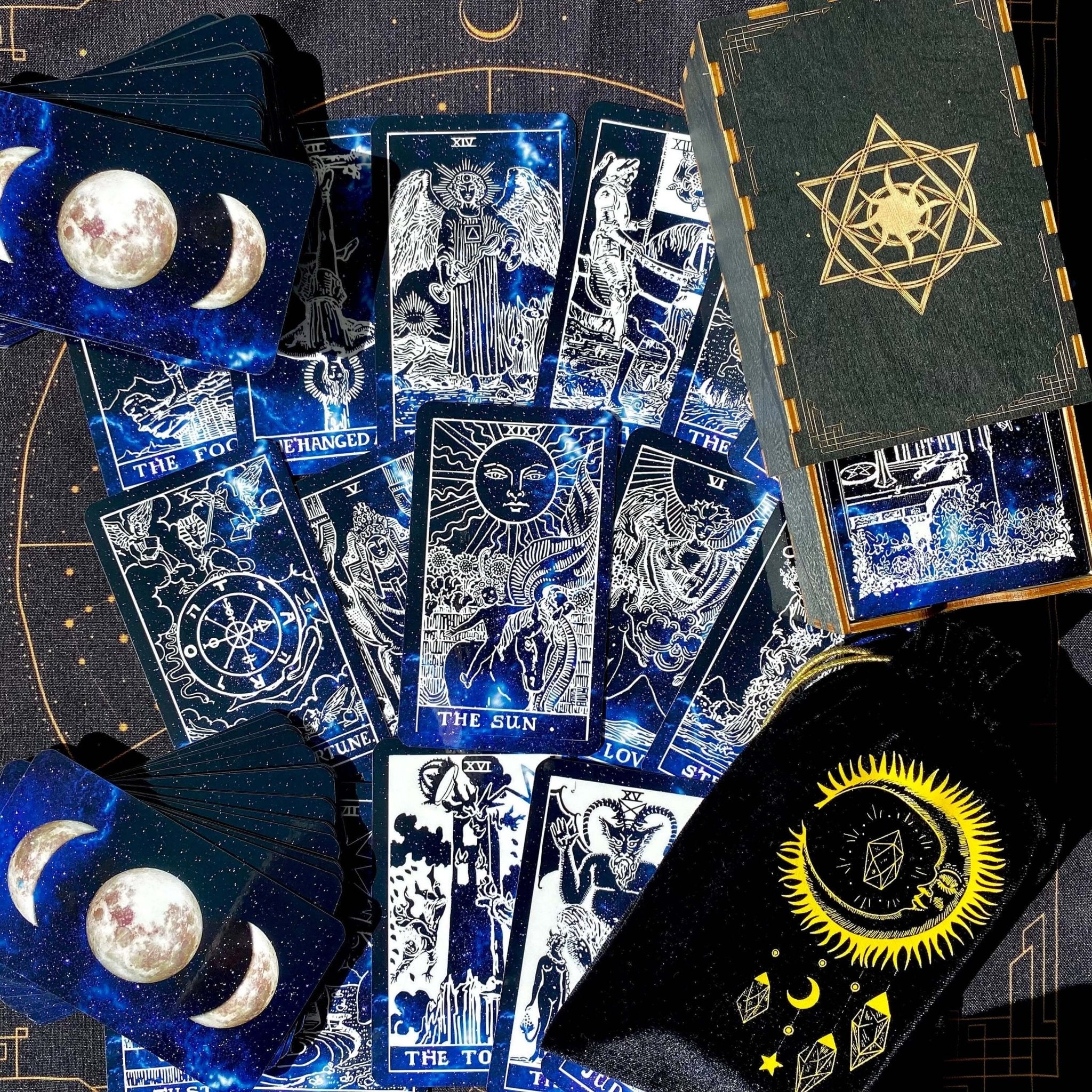 Deep Space Tarot Deck featuring cosmic designs, vibrant colors, and a guidebook, perfect for tarot readings.