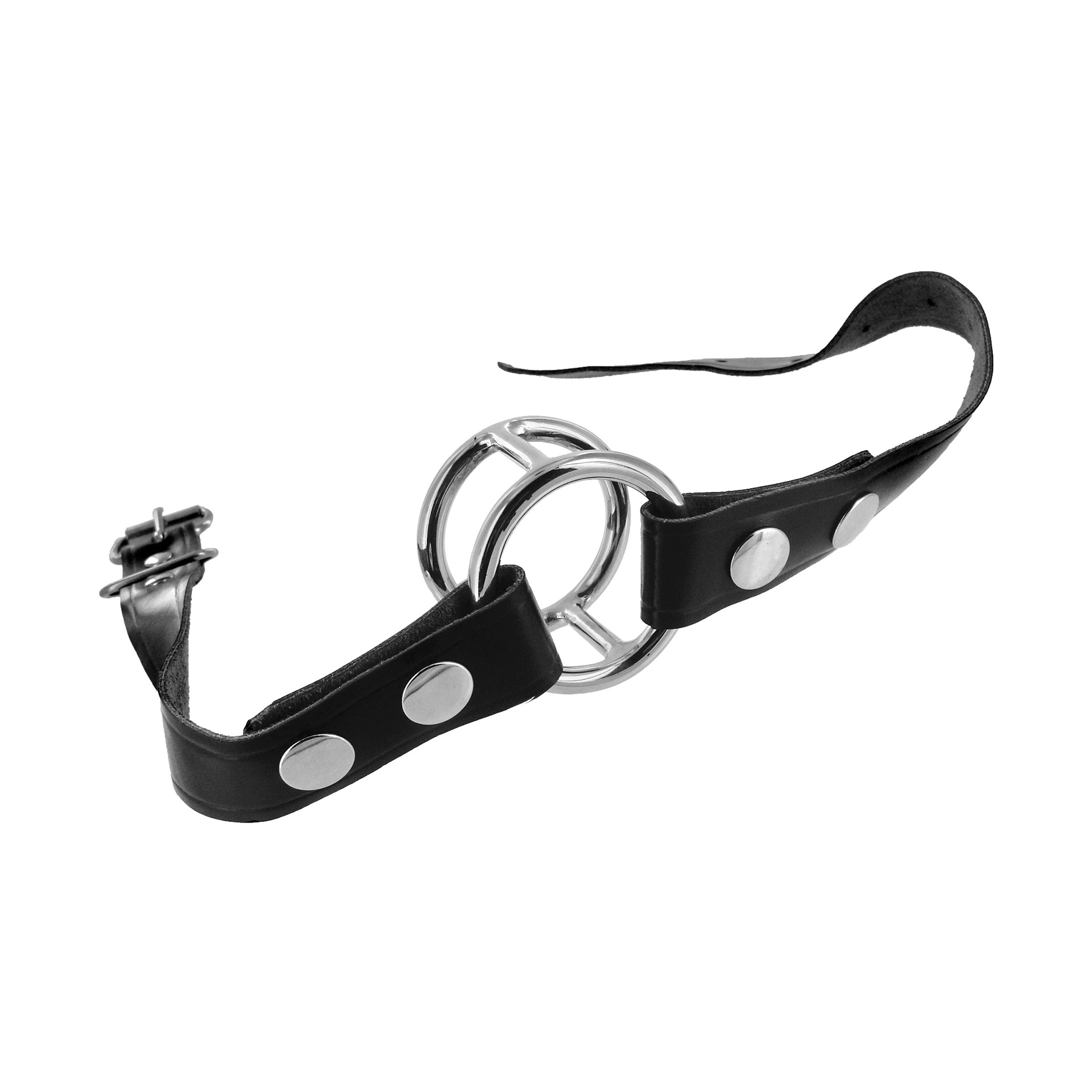 Deep Throat Gag featuring stainless steel rings and adjustable PU leather straps, designed for BDSM oral play.