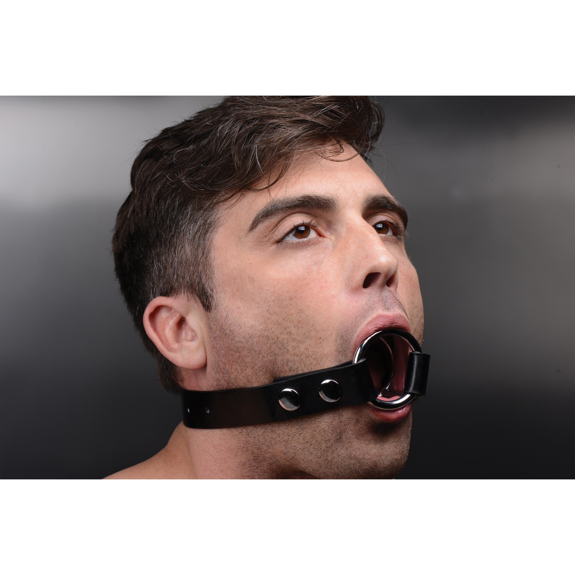 Deep Throat Gag featuring stainless steel rings and adjustable PU leather straps, designed for BDSM oral play.