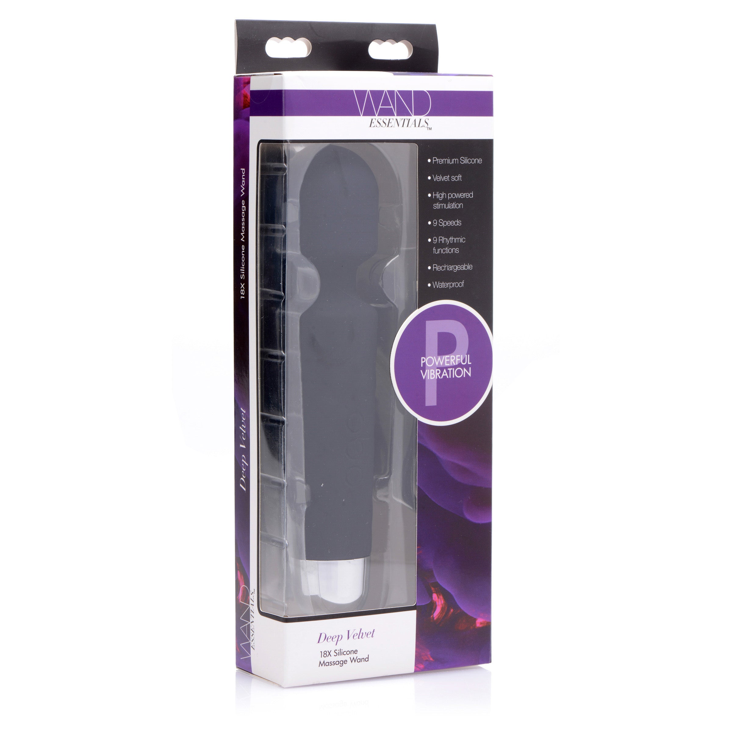 Deep Velvet 18x Silicone Massage Wand in black, showcasing its sleek design and soft silicone material.