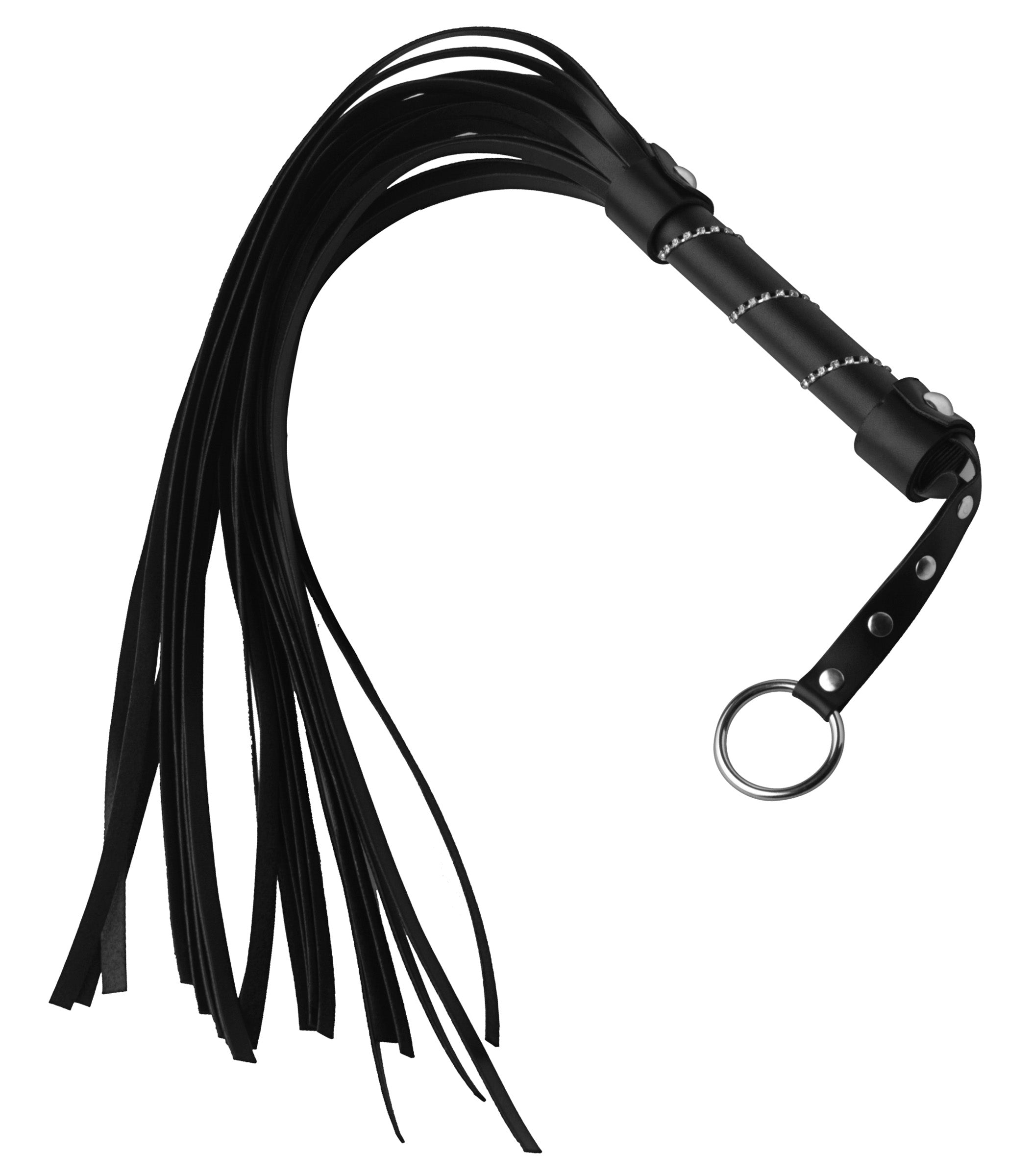 Diamond Laced Handle Flogger with rhinestones and black faux leather, showcasing its elegant design and sturdy construction.