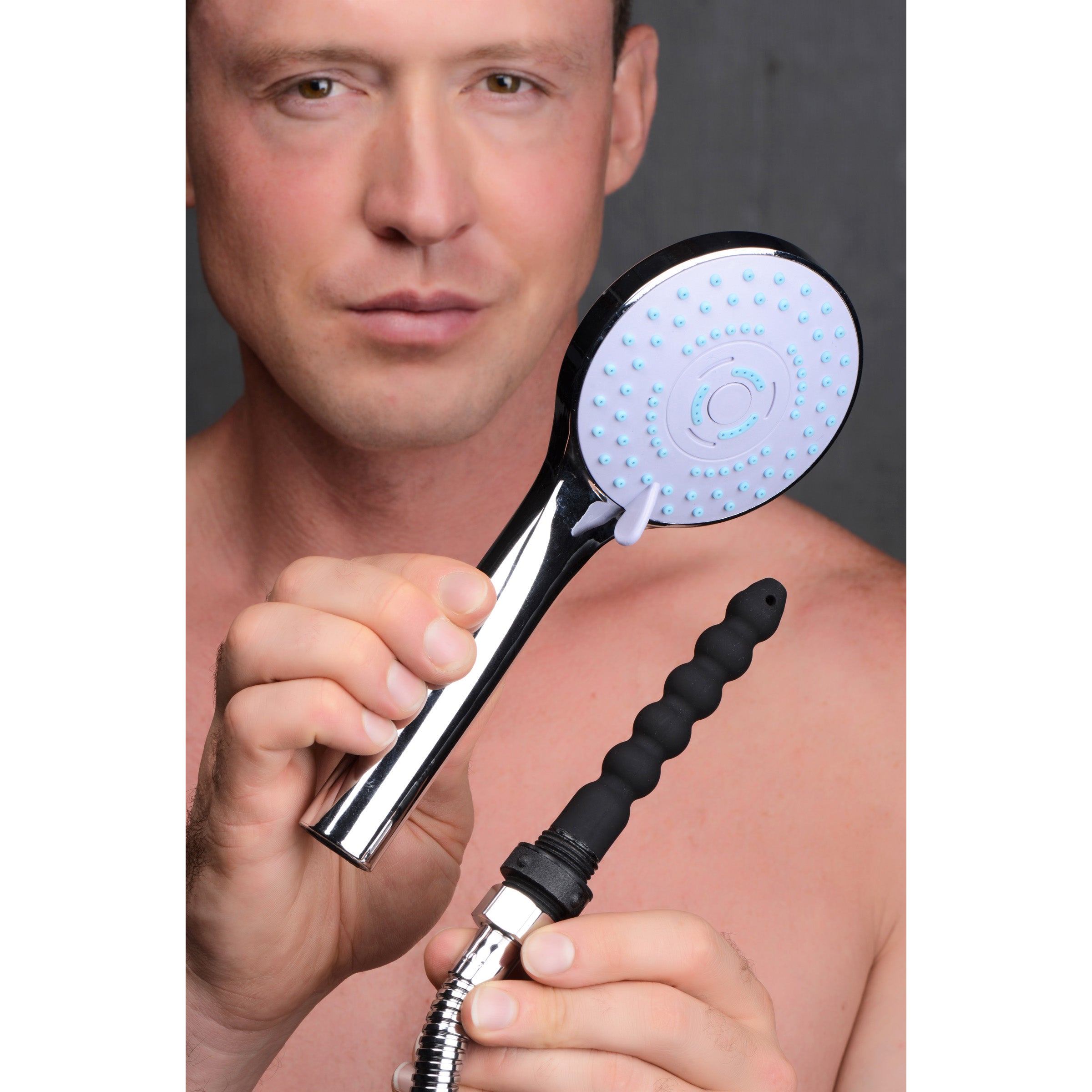 Discreet Silicone Shower Enema Set featuring a sleek shower head and flexible silicone nozzle for personal hygiene.