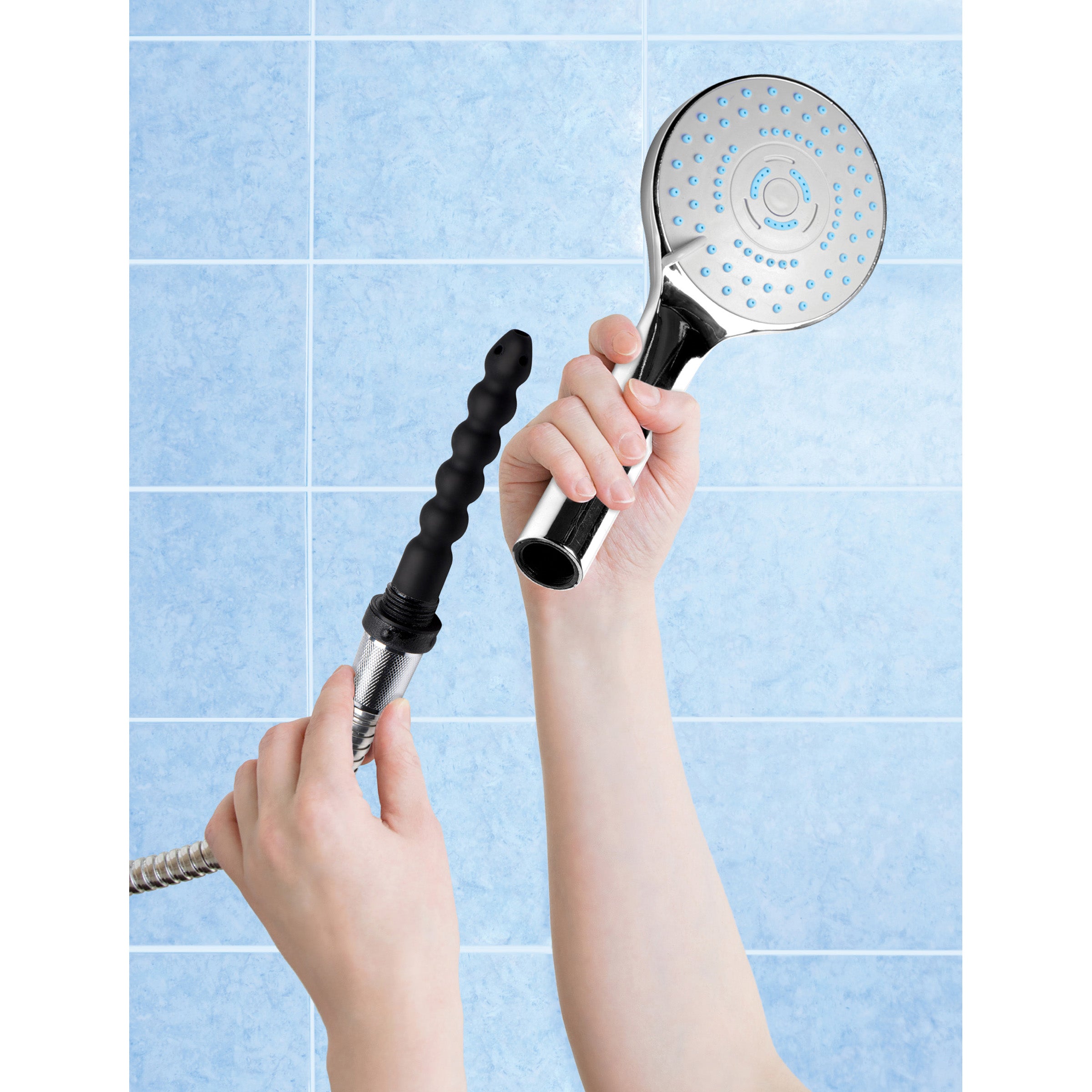 Discreet Silicone Shower Enema Set featuring a sleek shower head and flexible silicone nozzle for personal hygiene.