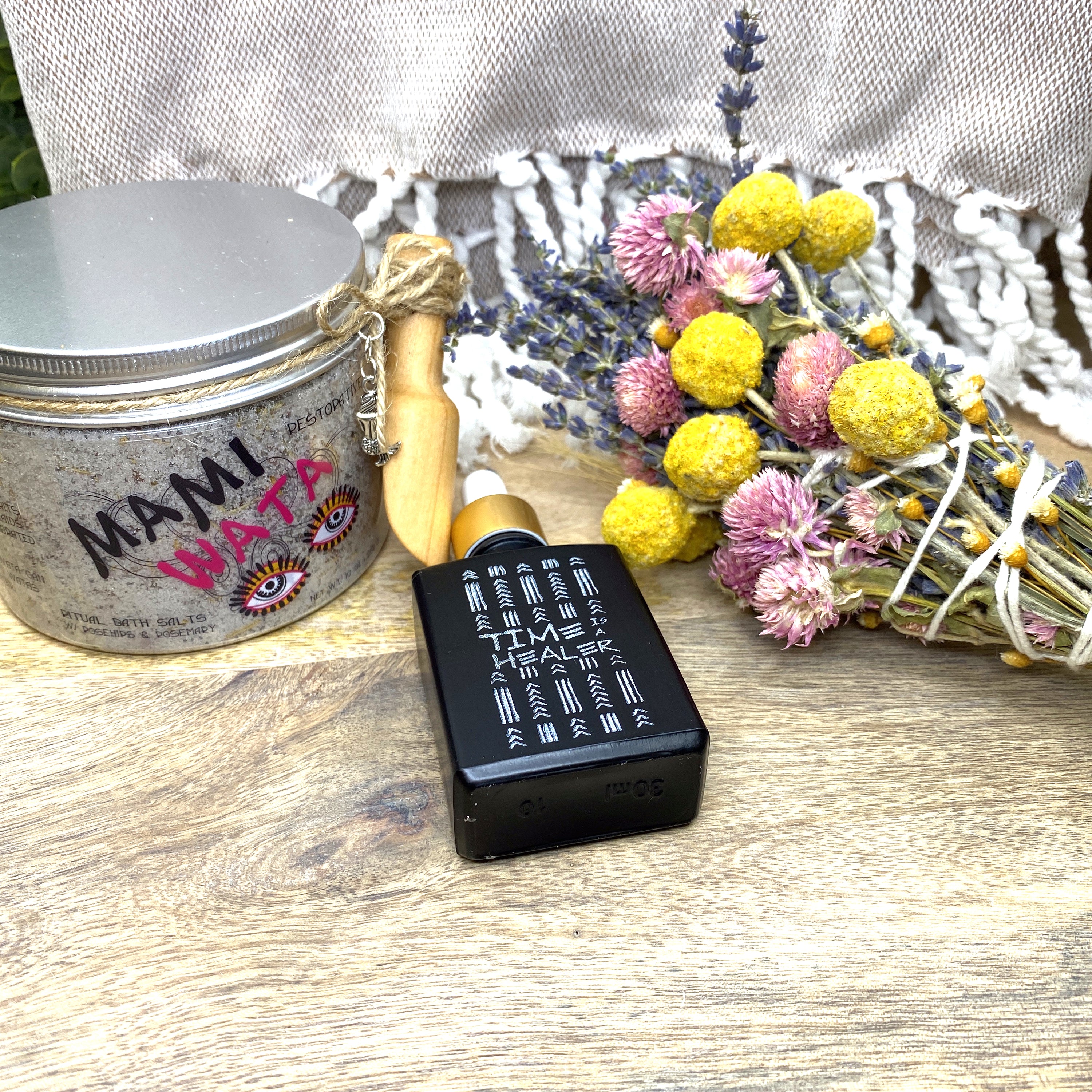 Divine Feminine Energy Bath & Body Gift Set featuring Ritual Bath Salts, Lavender & Wheat Wand, and Personal Fragrance.