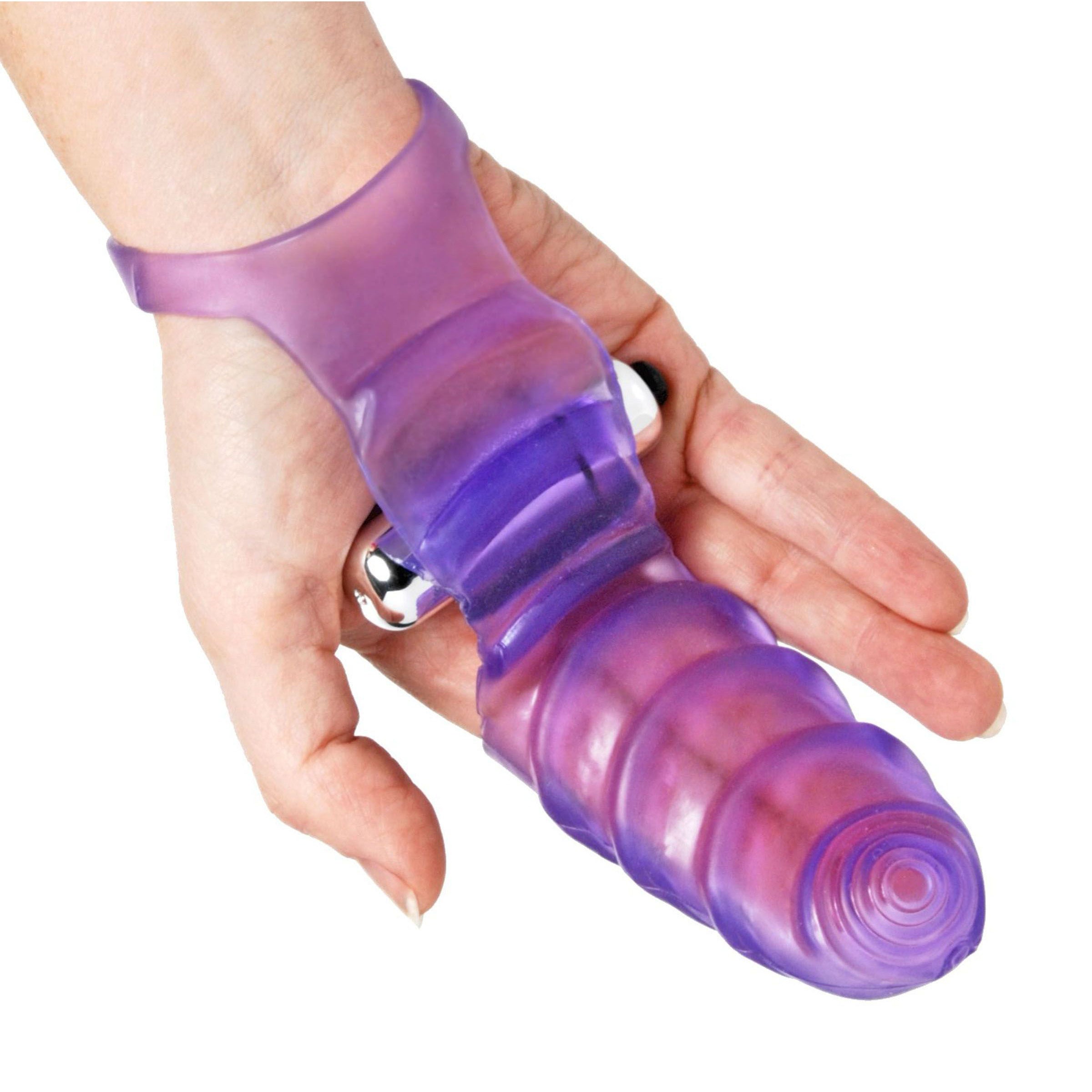 Double Finger Banger Vibrating G-Spot Glove in purple, featuring textured finger sleeves and a wrist strap for enhanced pleasure.