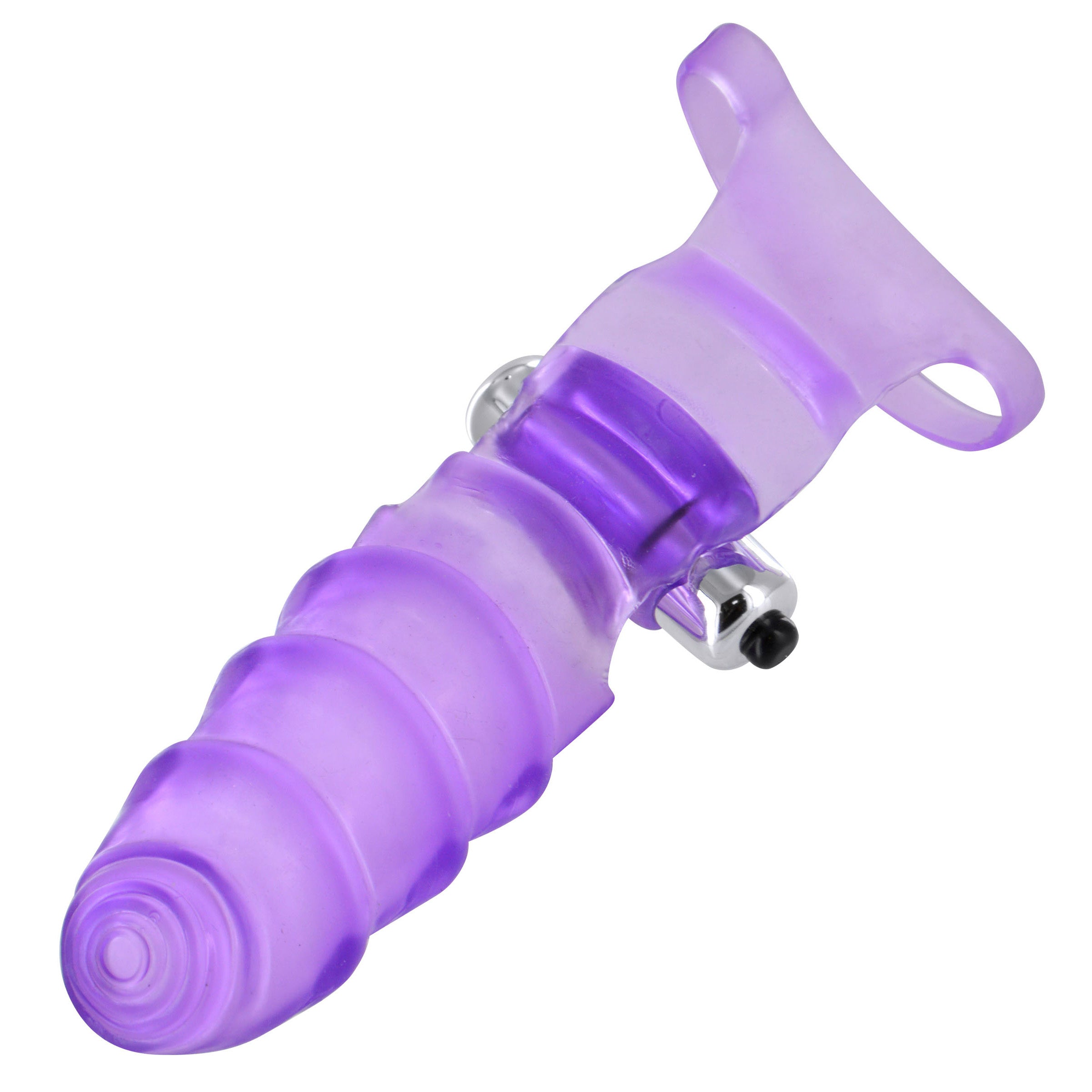 Double Finger Banger Vibrating G-Spot Glove in purple, featuring textured finger sleeves and a wrist strap for enhanced pleasure.