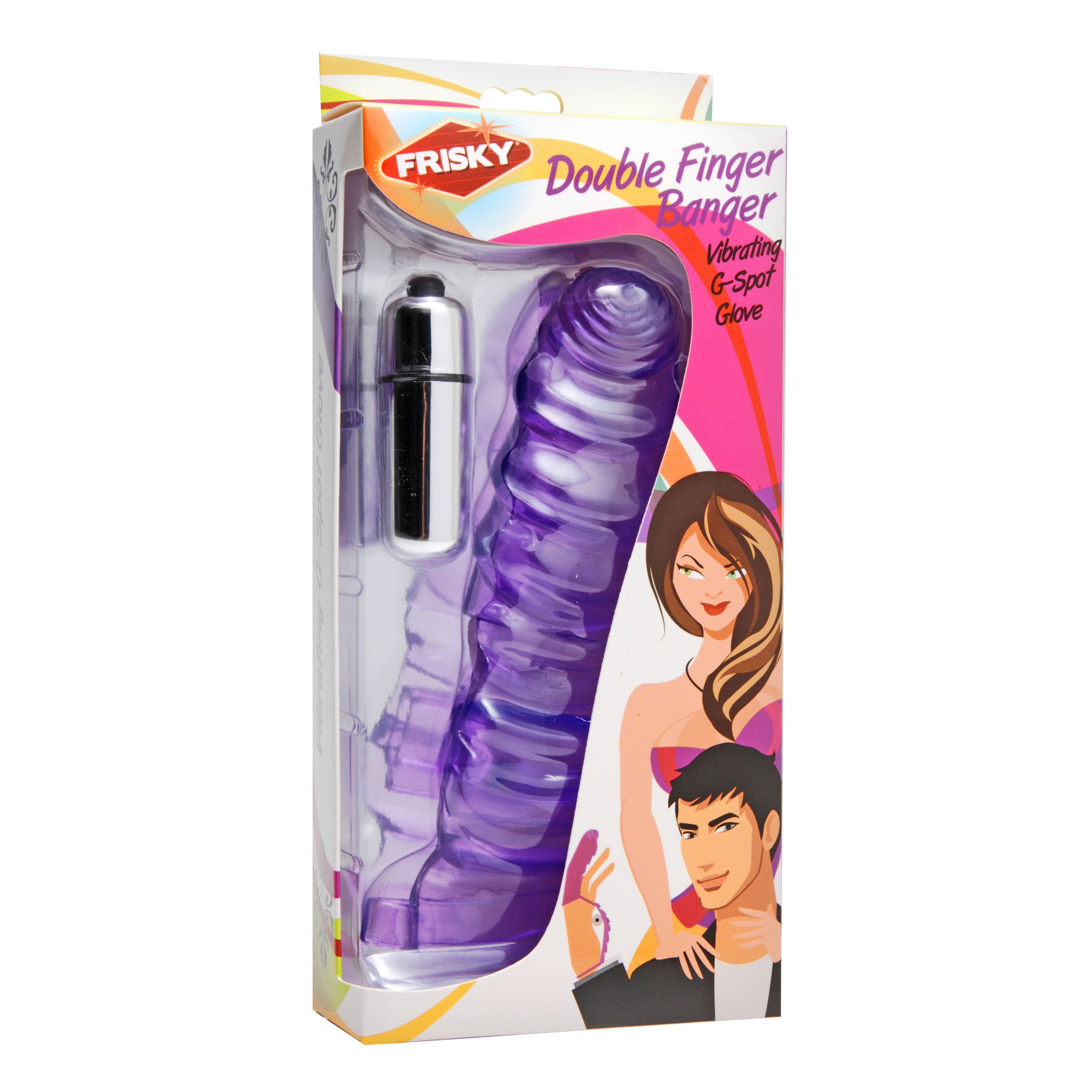 Double Finger Banger Vibrating G-Spot Glove in purple, featuring textured finger sleeves and a wrist strap for enhanced pleasure.