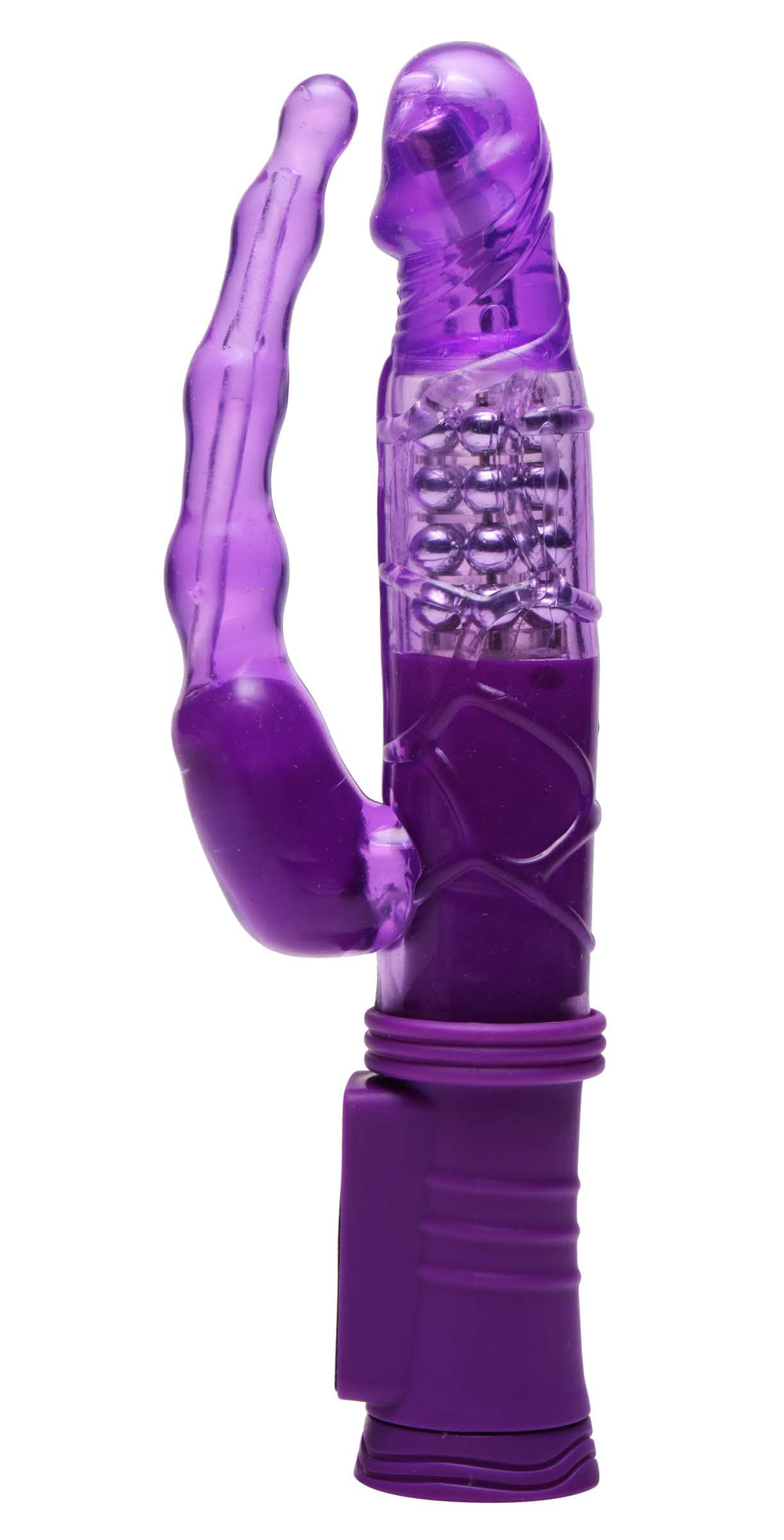 Double Luv Vibe with Anal Stimulator in purple, showcasing its dual shafts and bliss beads for enhanced pleasure.