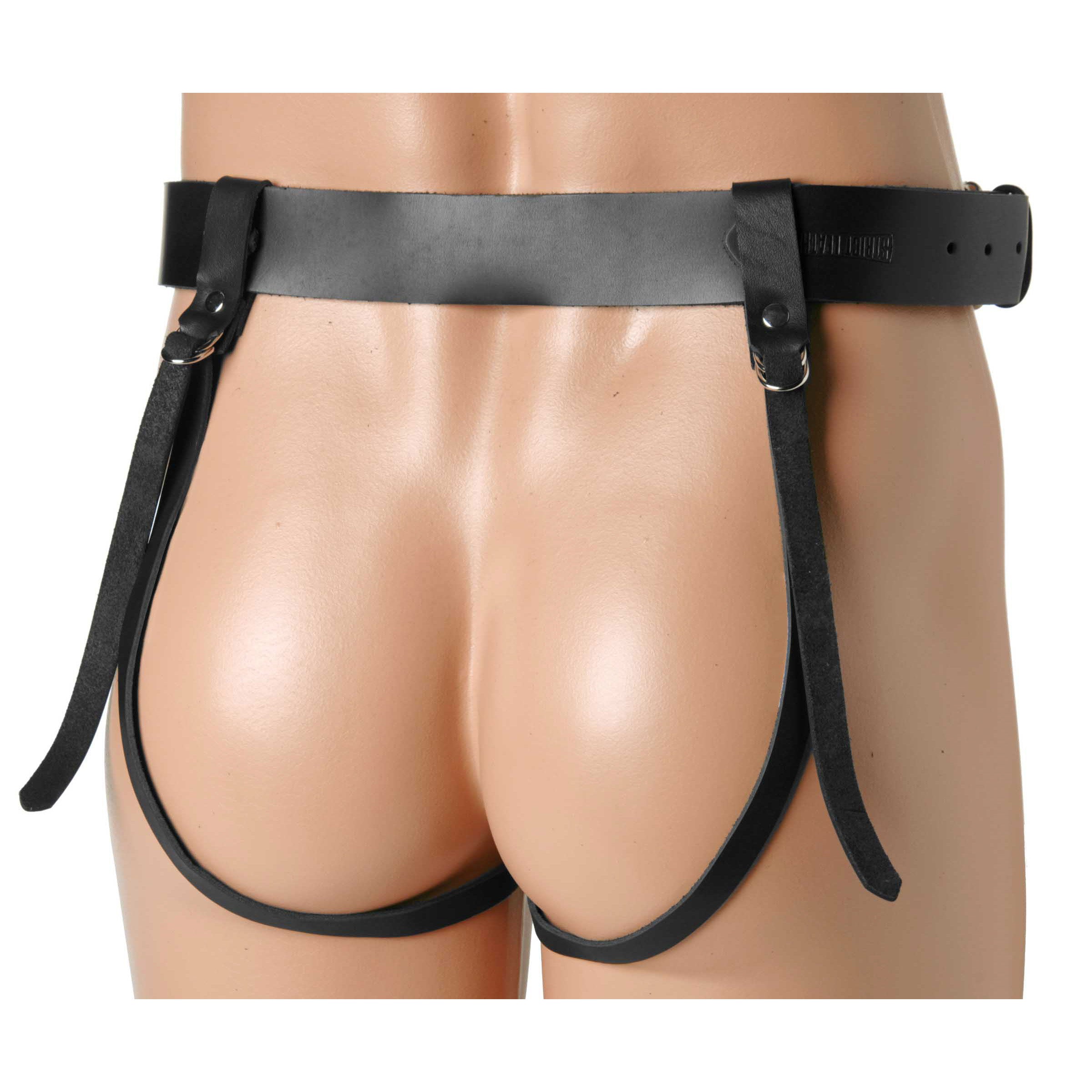 Double Penetration Premium Leather Dildo Harness for Men, featuring adjustable straps and a 1.75-inch O-ring for dildos.