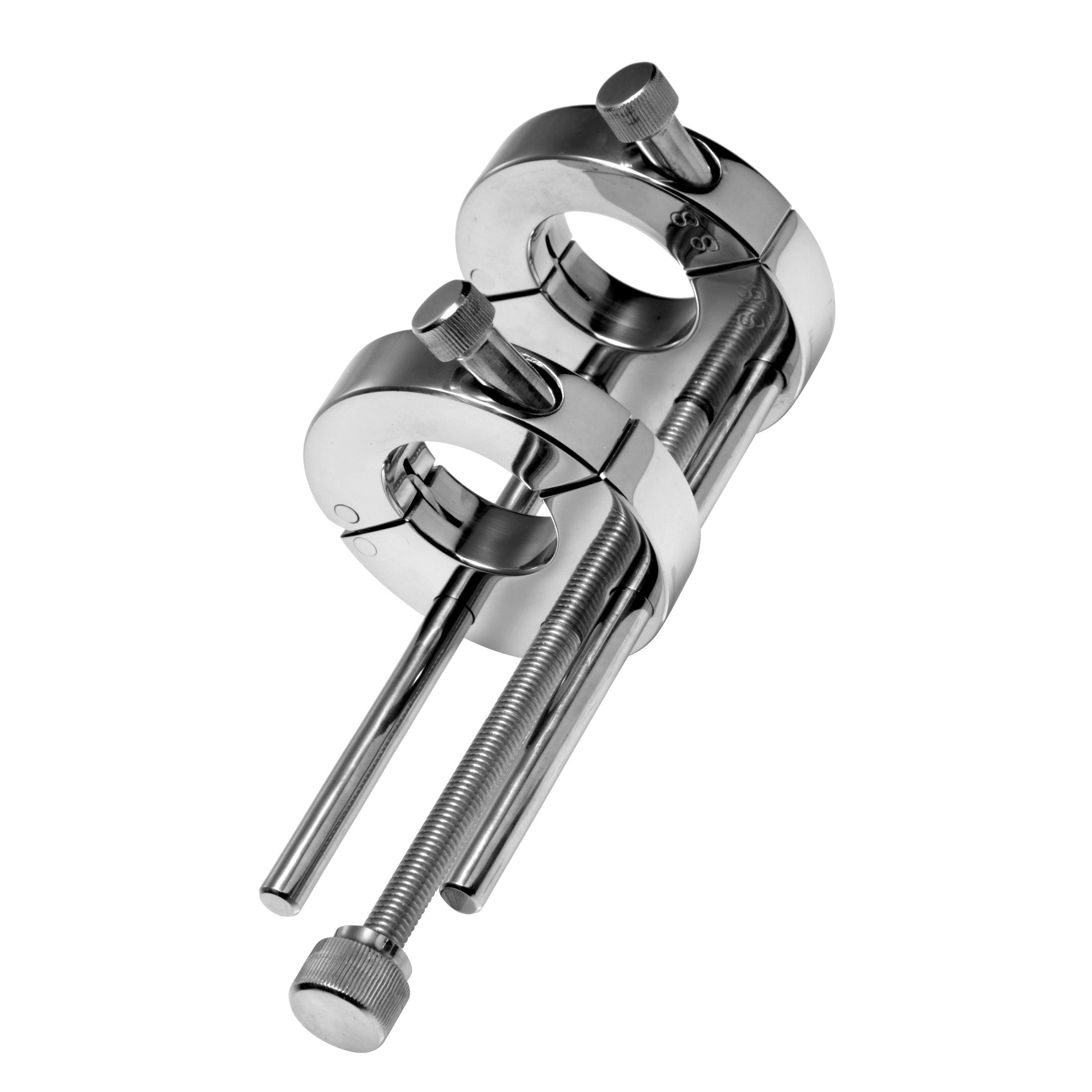 Double Ring Extreme CBT Ball Stretcher made of polished stainless steel, designed for intense ball stretching experiences.