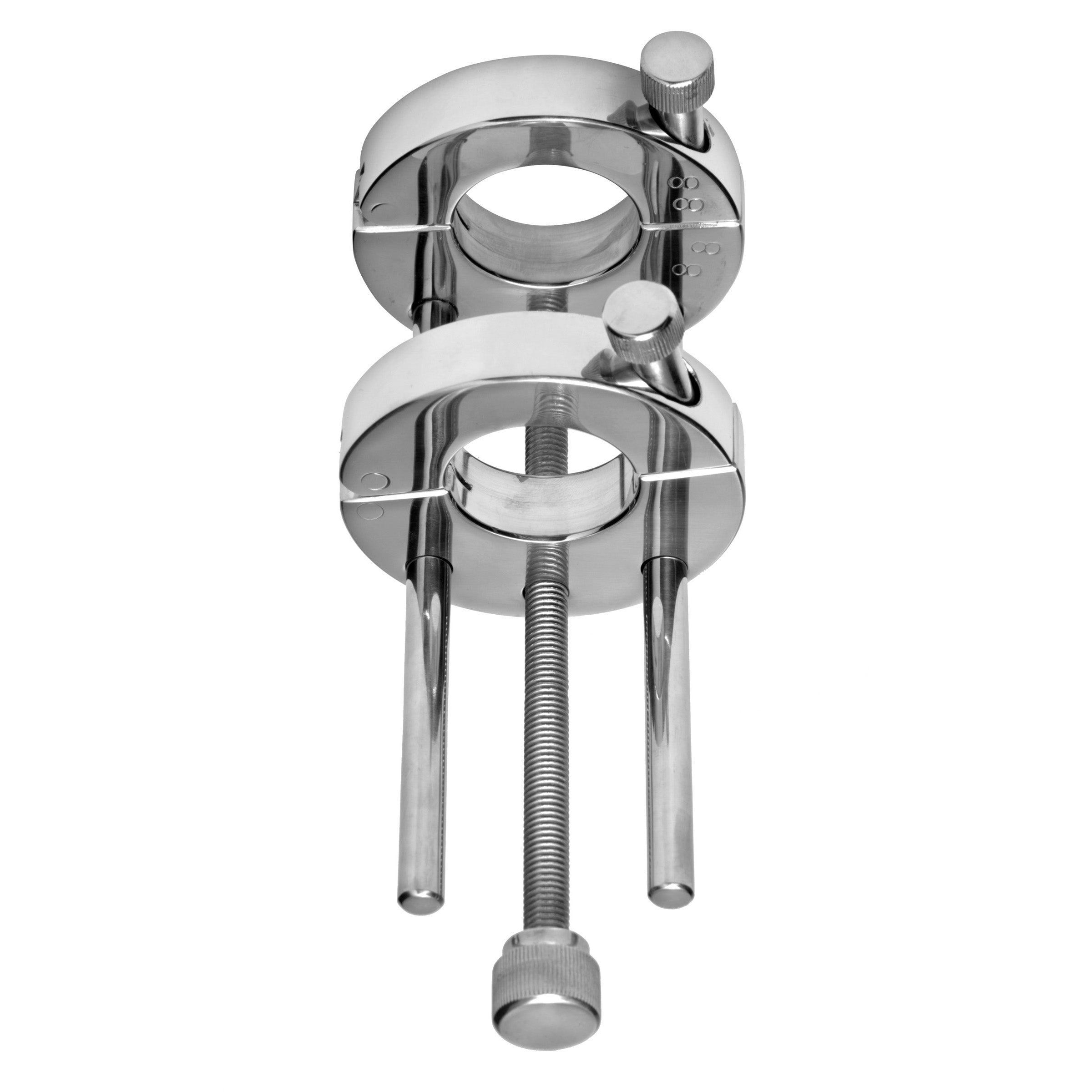 Double Ring Extreme CBT Ball Stretcher made of polished stainless steel, designed for intense ball stretching experiences.