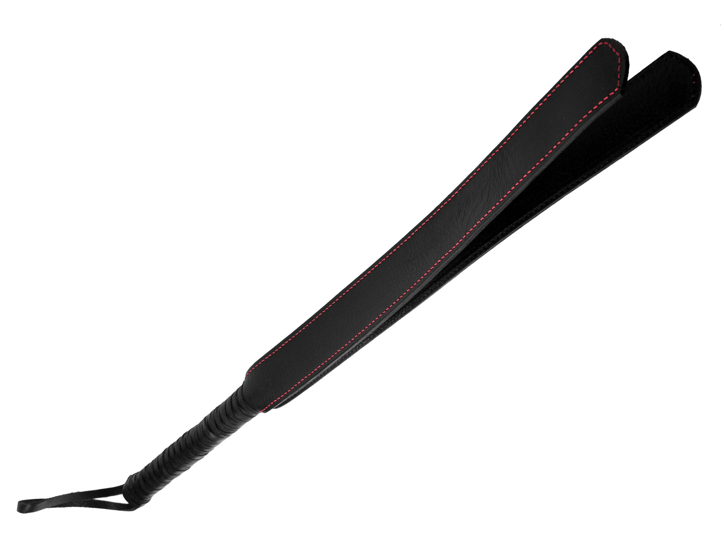 Double Strap Leather Slapper with red stitching, showcasing its flexible design and leather wrapped handle.