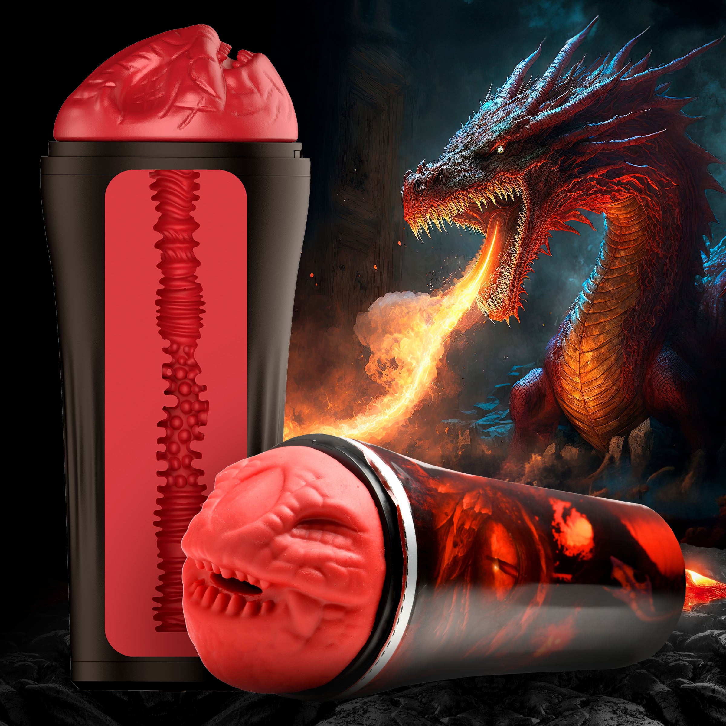 Dragon Snatch Dragon Stroker featuring a scaly red design and textured interior for enhanced pleasure.