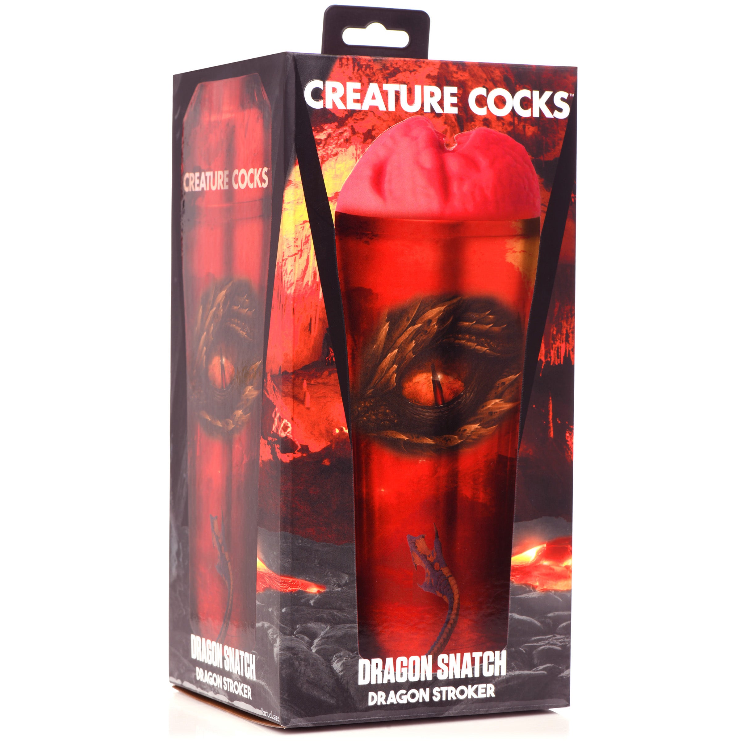 Dragon Snatch Dragon Stroker featuring a scaly red design and textured interior for enhanced pleasure.