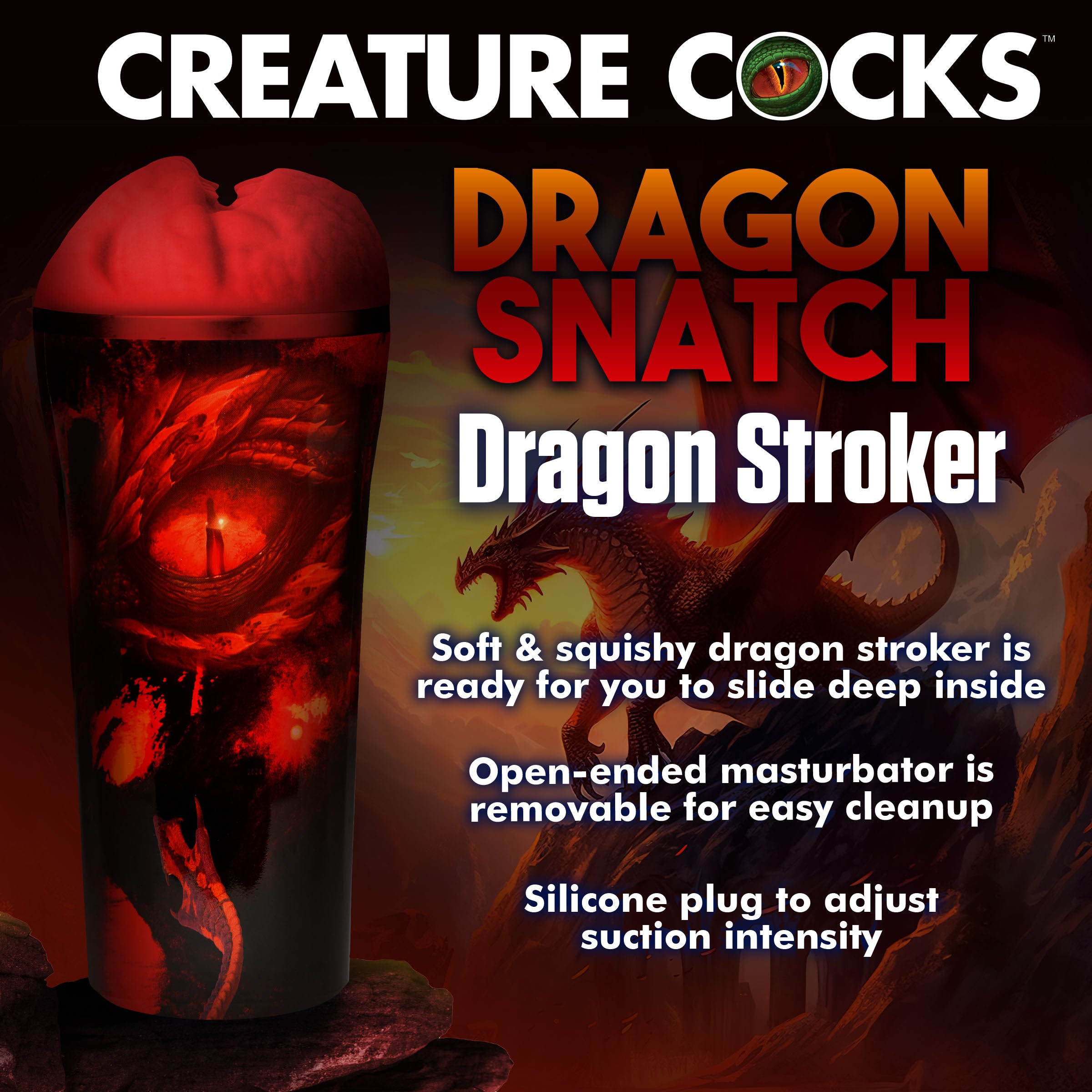 Dragon Snatch Dragon Stroker featuring a scaly red design and textured interior for enhanced pleasure.