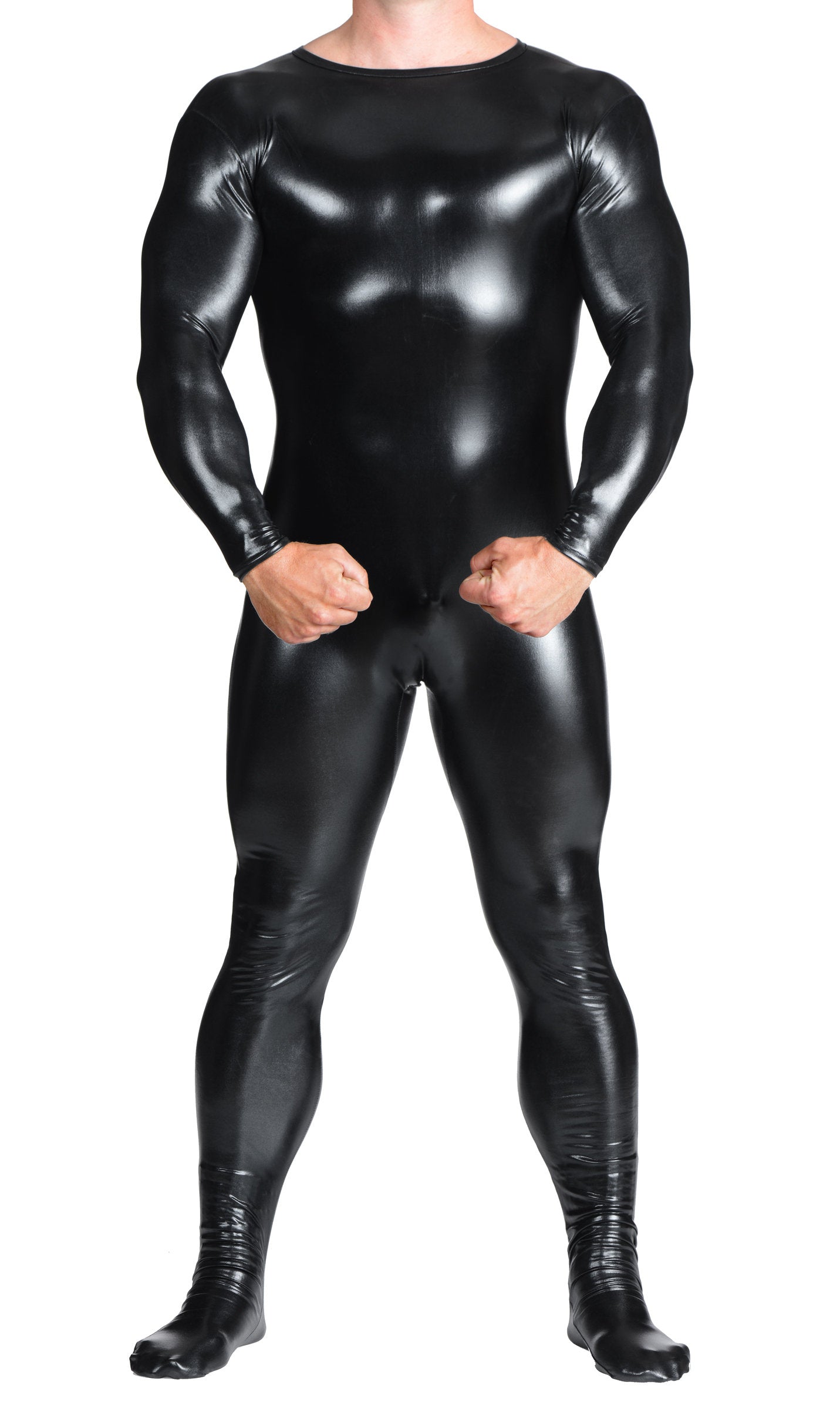 A sleek black full body cat suit made of spandex, featuring a shiny latex-like finish and a zipper at the back for easy wear.