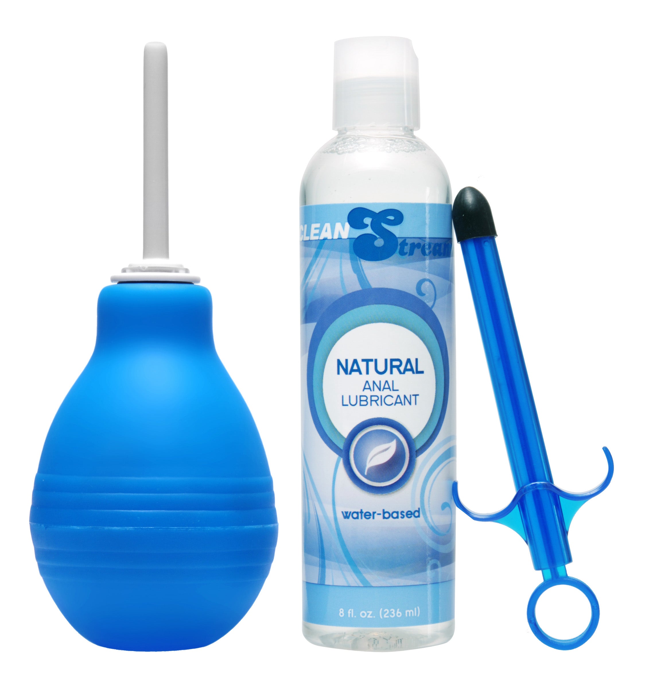 Easy Clean Enema Bulb and Lube Launcher Kit in blue, featuring a bulb, nozzle, and water-based anal lube for comfortable cleansing.