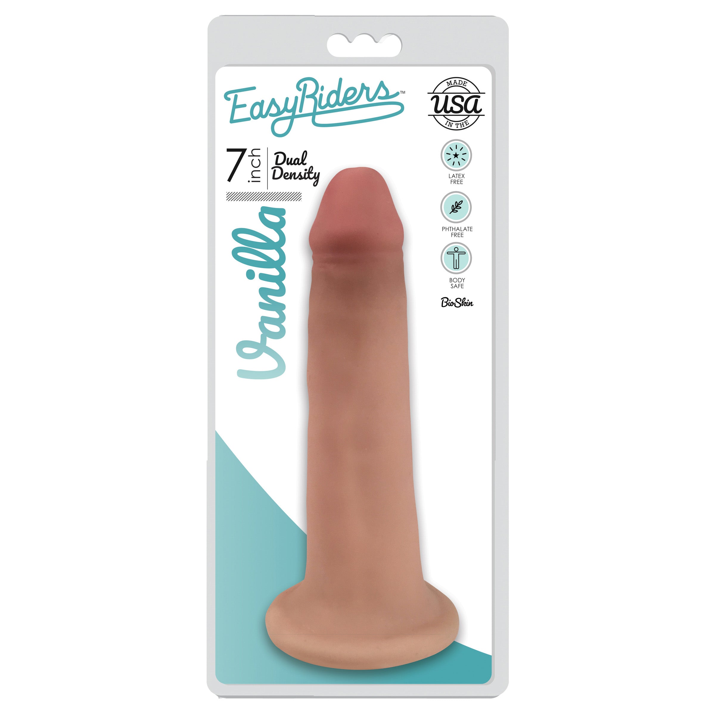 Easy Riders 7 Inch Dual Density Dildo in light color, showcasing its lifelike details and tapered shaft for comfortable penetration.