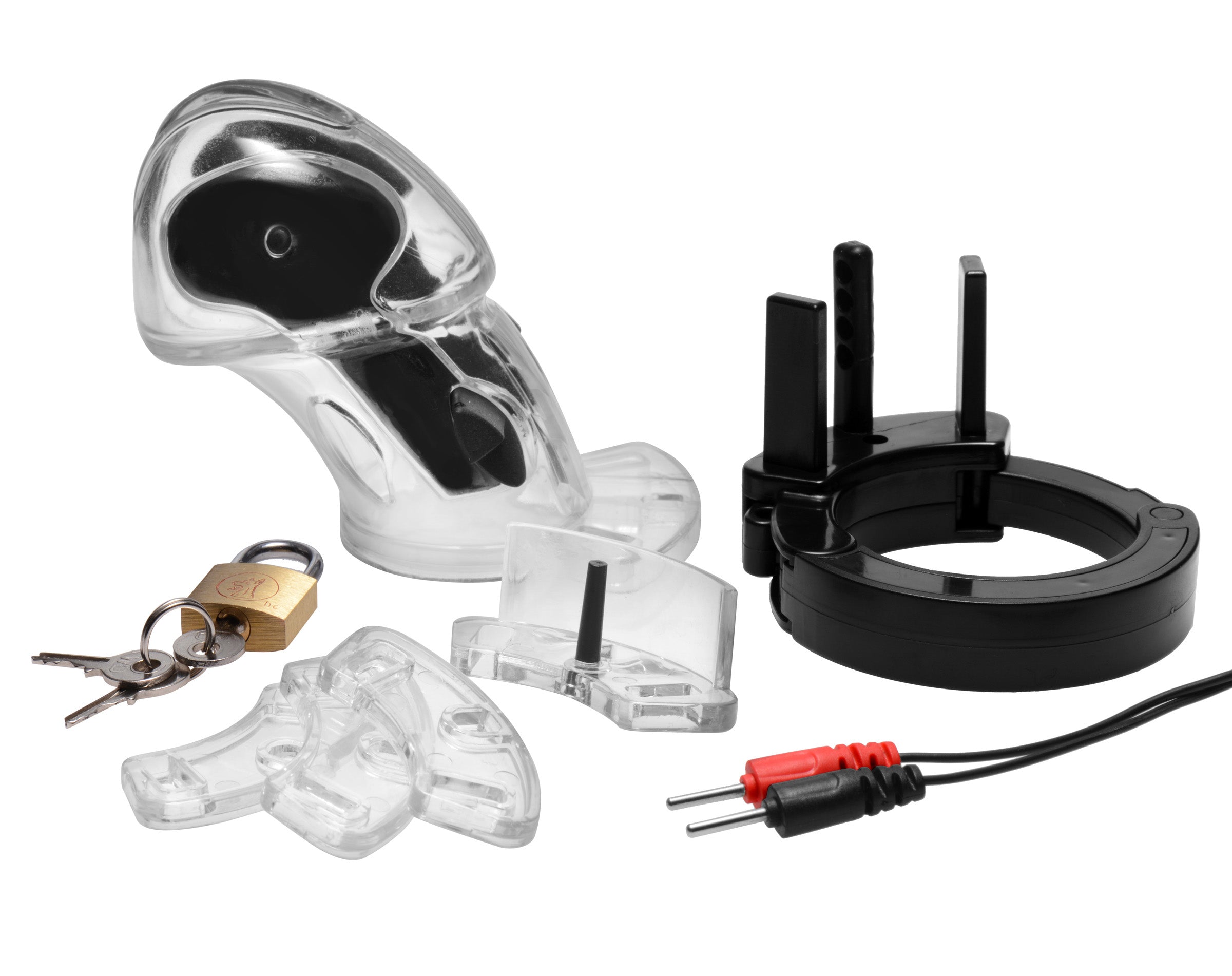 Clear male chastity device parts.