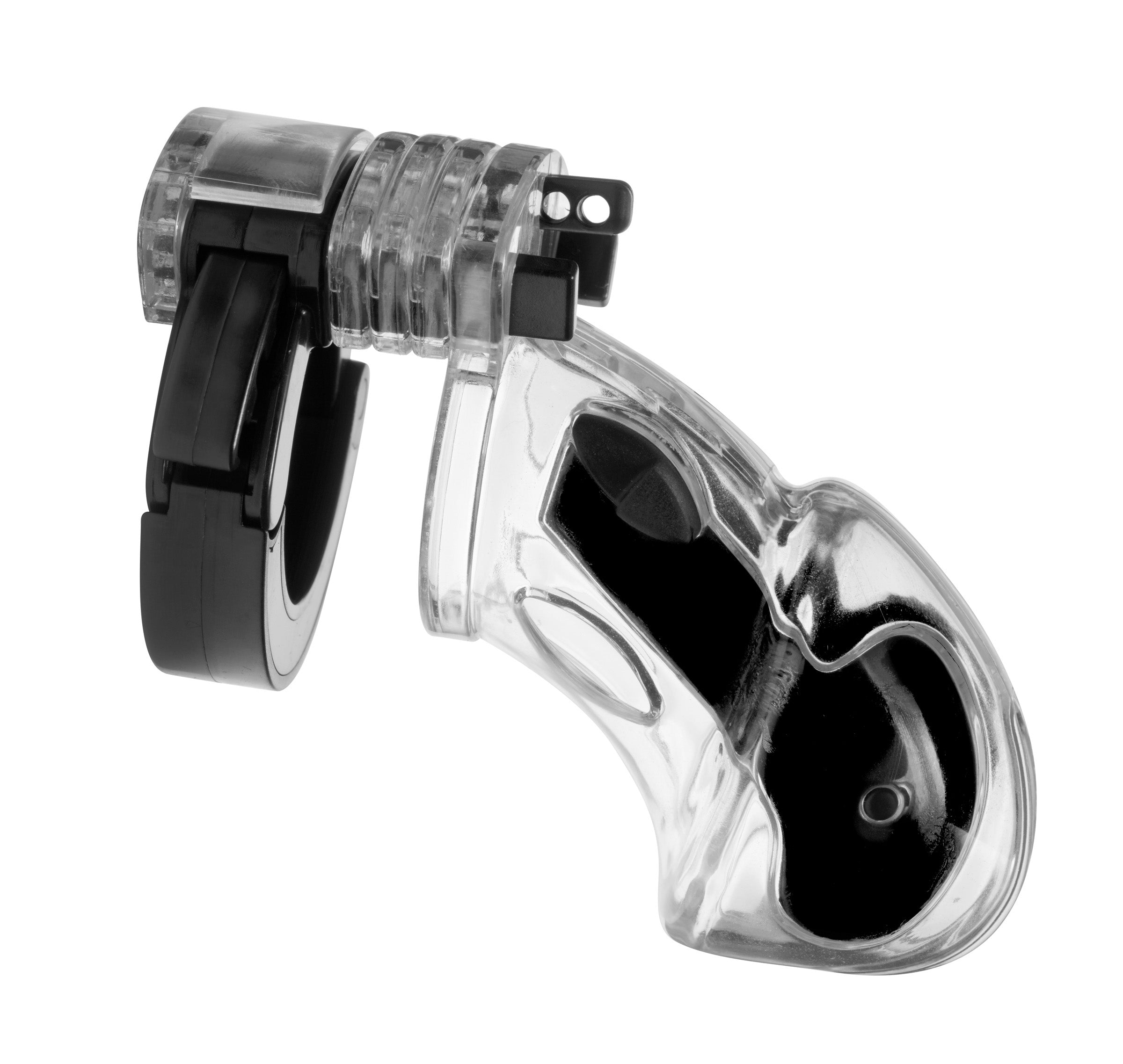 Transparent plastic pistol-shaped stapler.