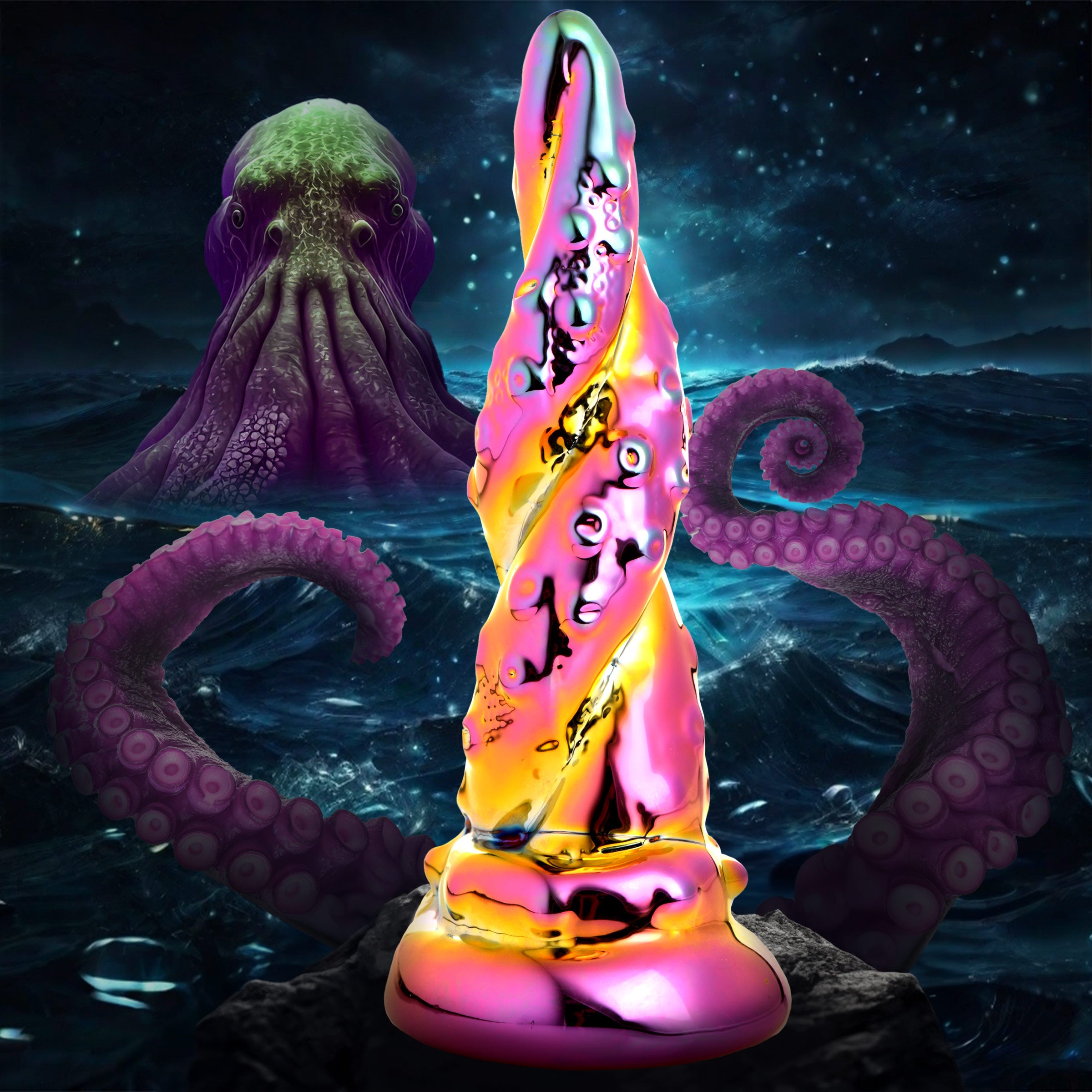 Enchantress Rainbow Glass Dildo with iridescent colors and textured shaft, designed for pleasure and stimulation.