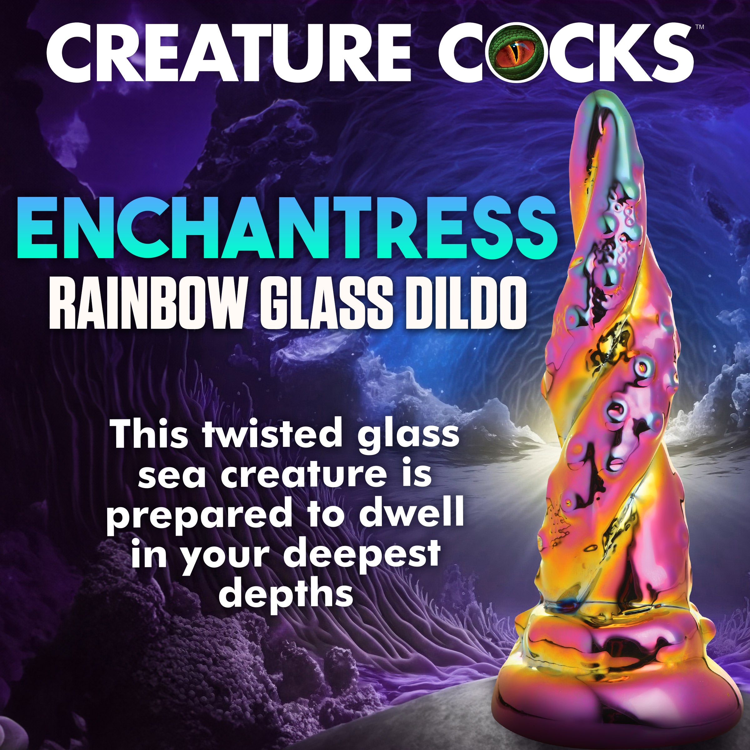 Enchantress Rainbow Glass Dildo with iridescent colors and textured shaft, designed for pleasure and stimulation.