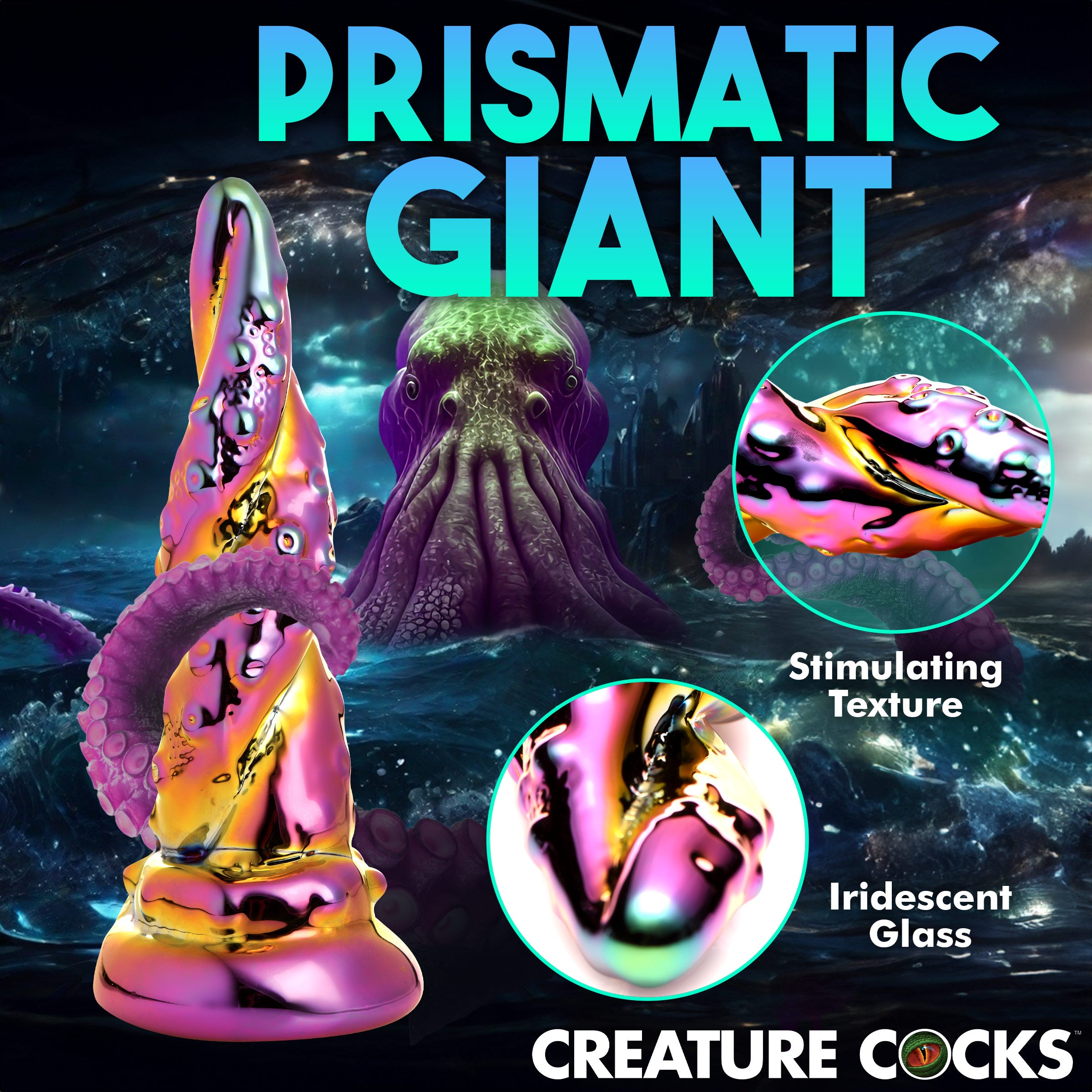 Enchantress Rainbow Glass Dildo with iridescent colors and textured shaft, designed for pleasure and stimulation.