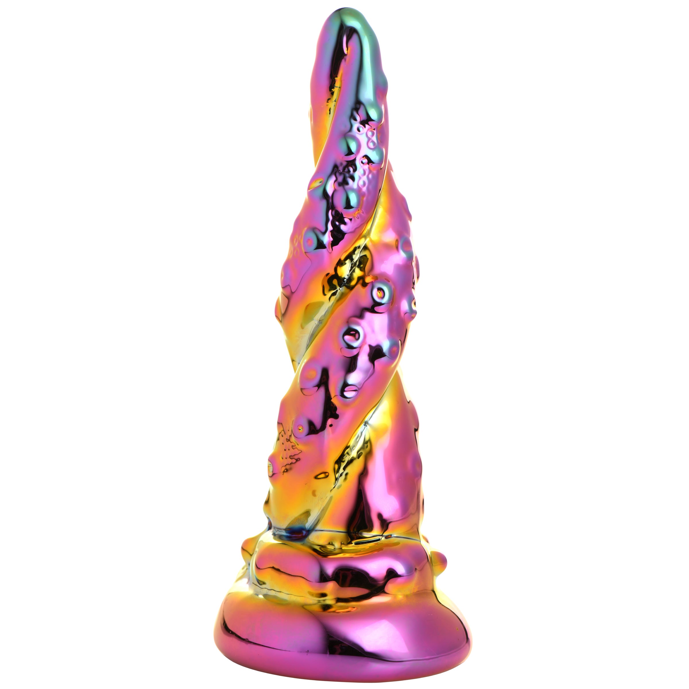 Enchantress Rainbow Glass Dildo with iridescent colors and textured shaft, designed for pleasure and stimulation.