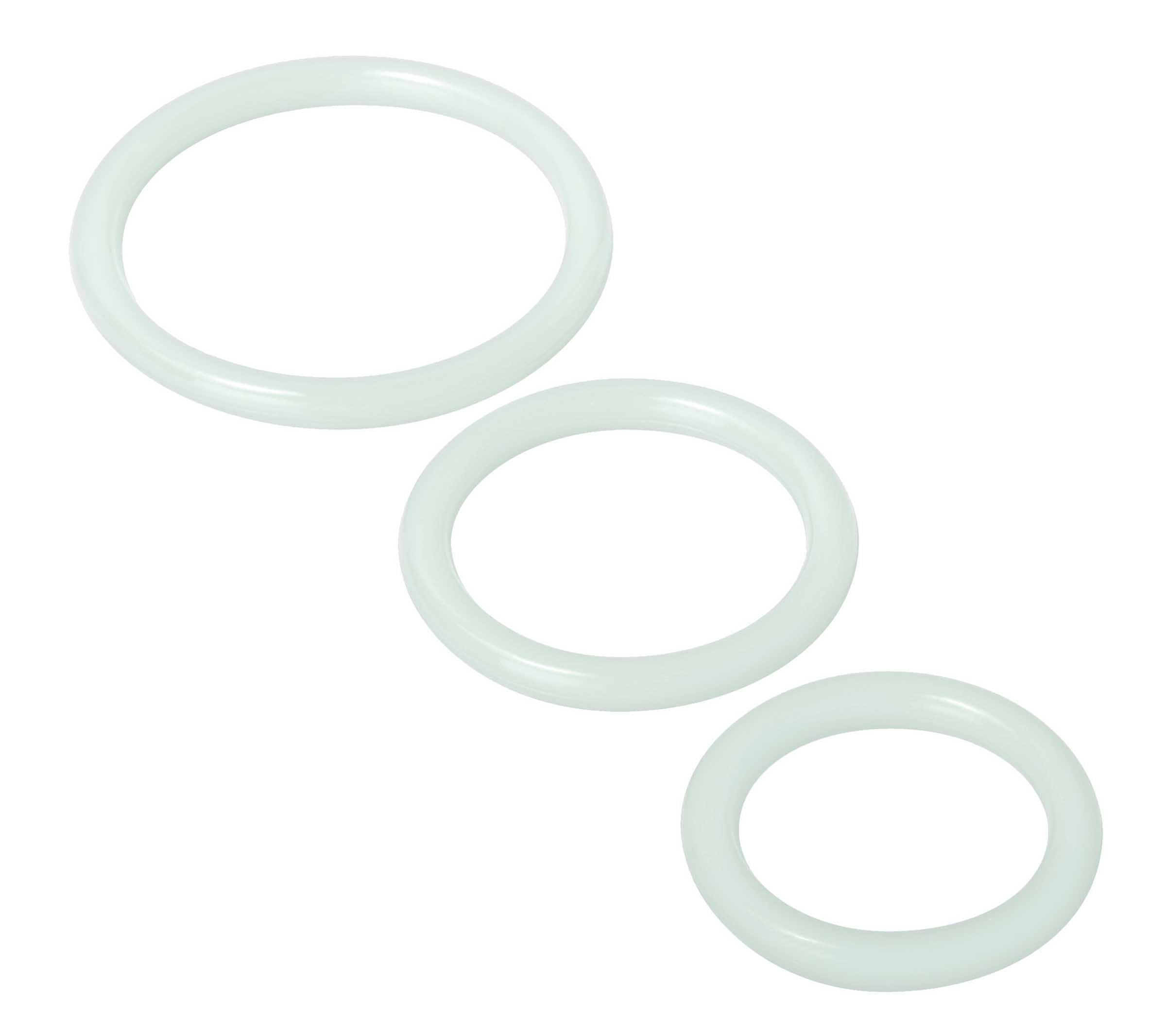 A set of three silicone erection rings in clear color, showcasing different sizes for optimal fit.