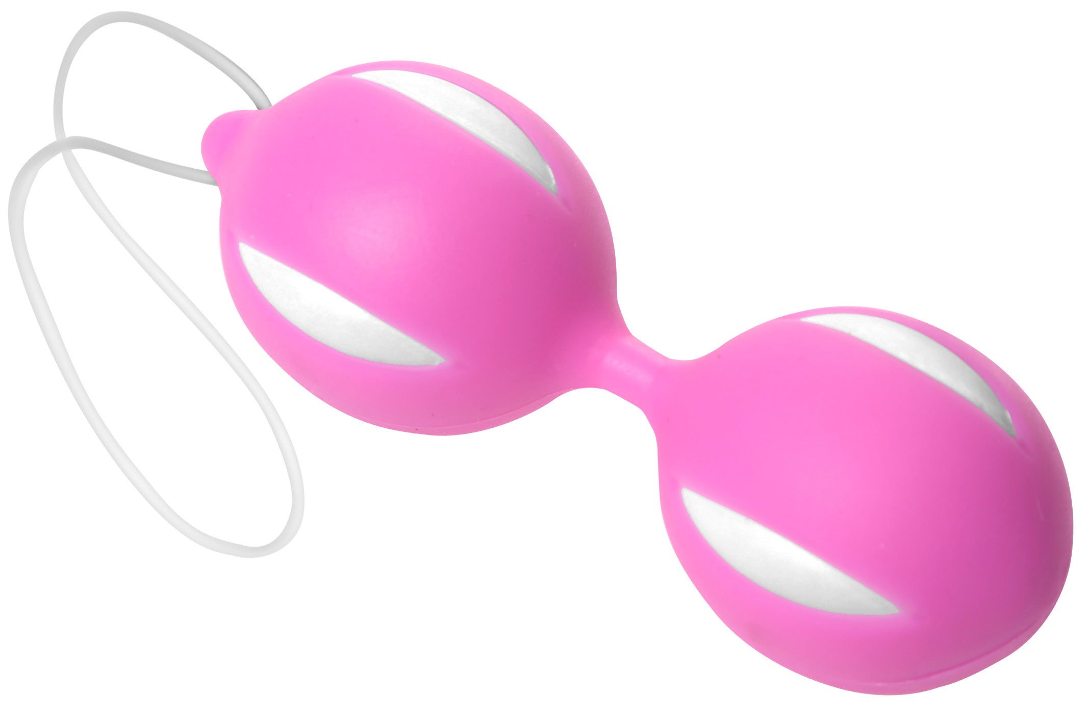 A pair of pink Essensual Silicone Kegel Balls, designed for pelvic floor training, featuring a smooth surface and a convenient retrieval loop.