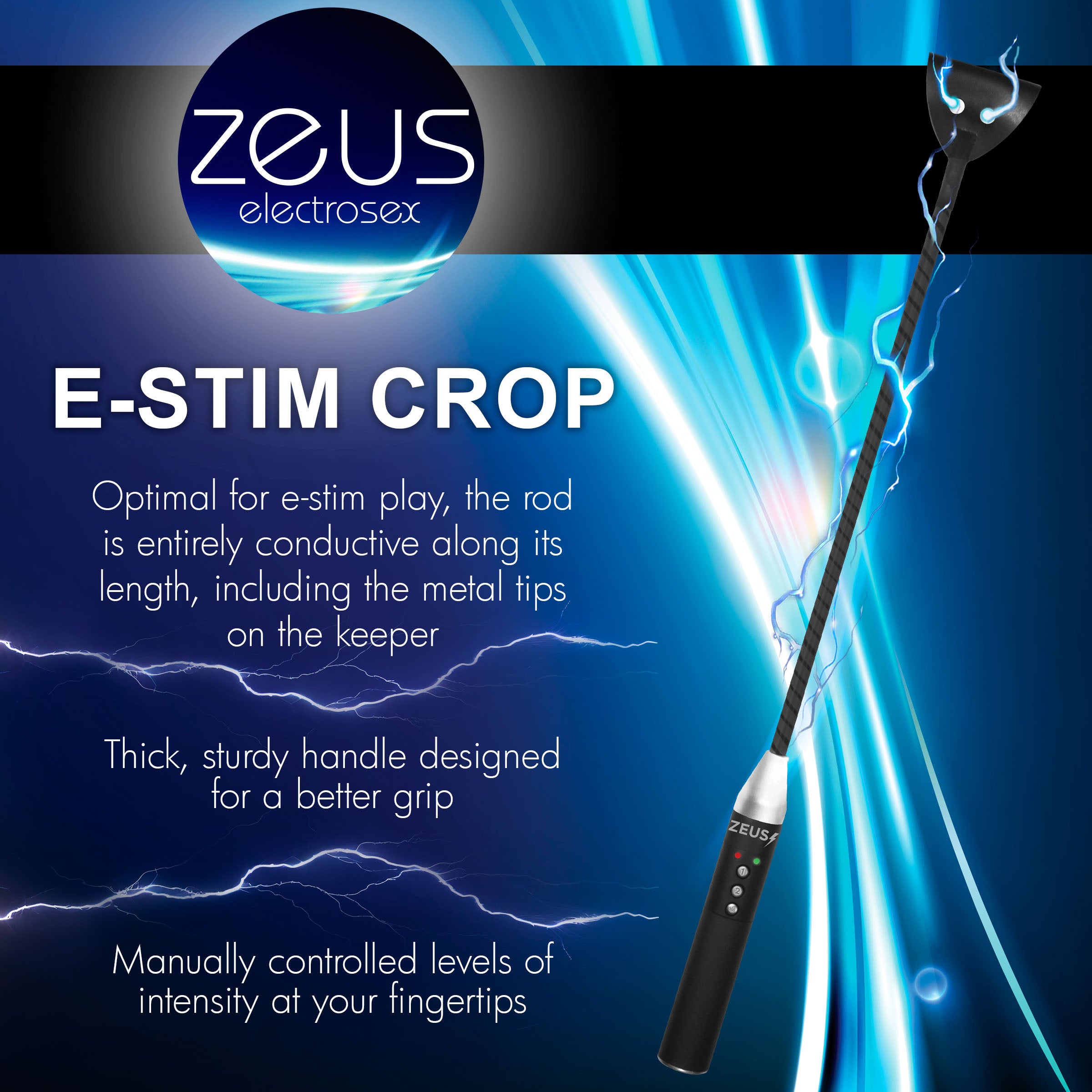 E-Stim Crop featuring a flexible rod, faux leather tip, and conductive elements for electrostimulation.