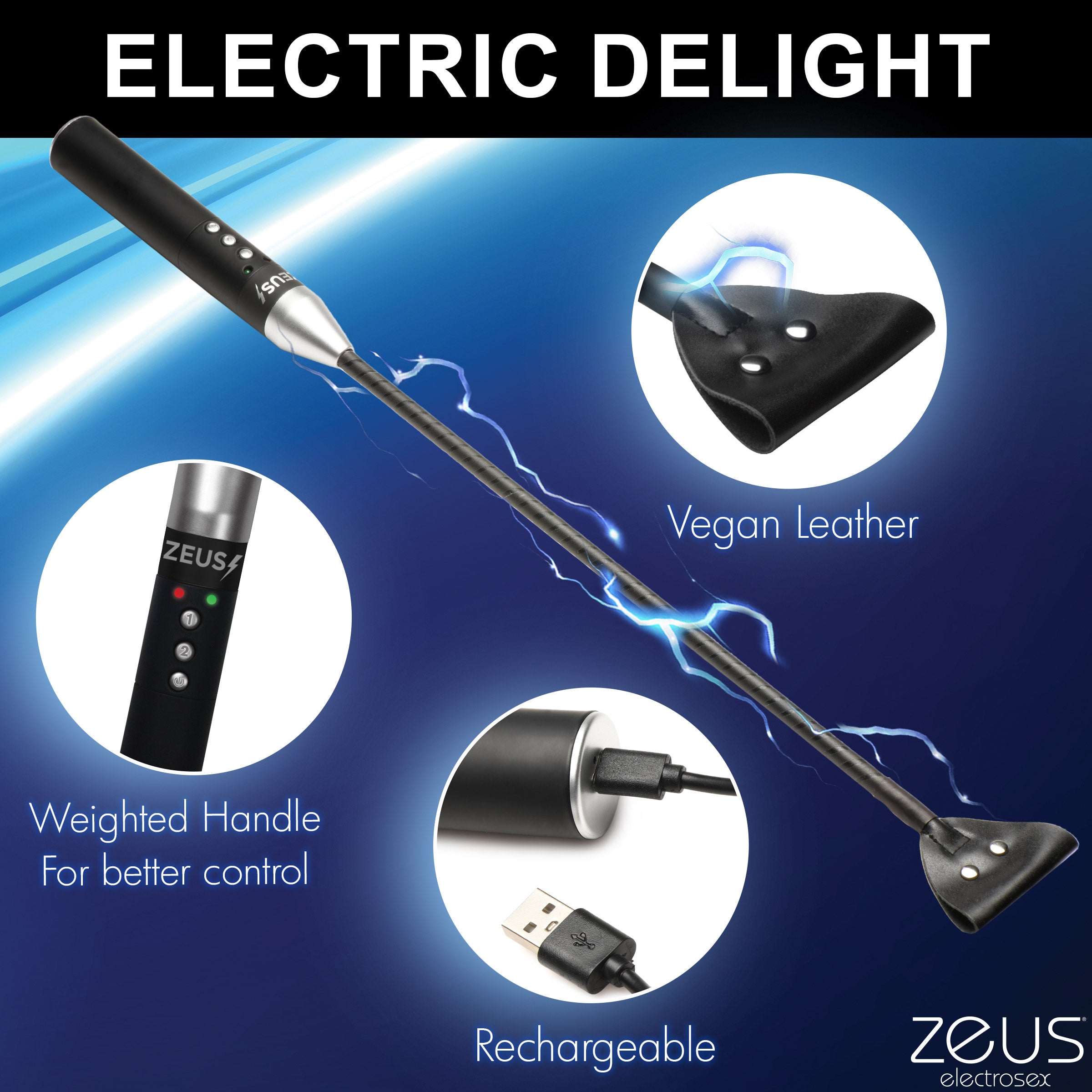 E-Stim Crop featuring a flexible rod, faux leather tip, and conductive elements for electrostimulation.