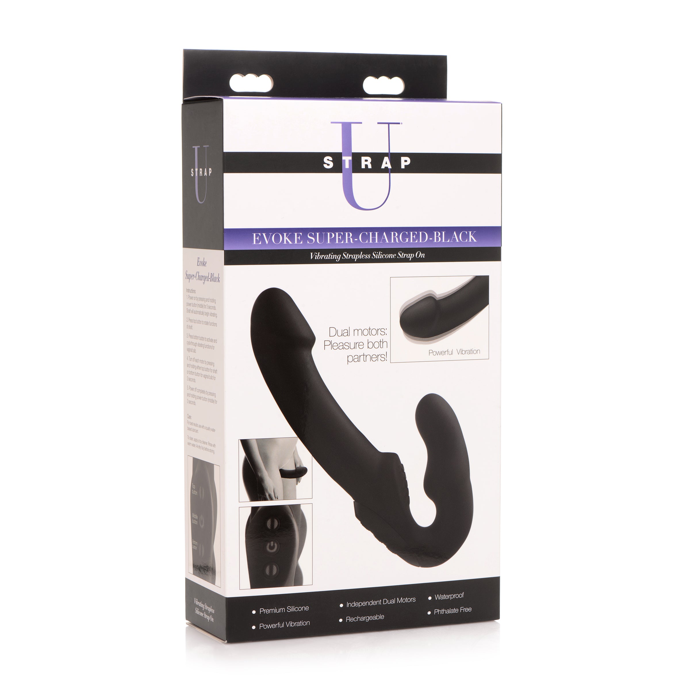 Evoke Rechargeable Vibrating Silicone Strapless Strap On, featuring dual motors and a sleek design for enhanced pleasure.