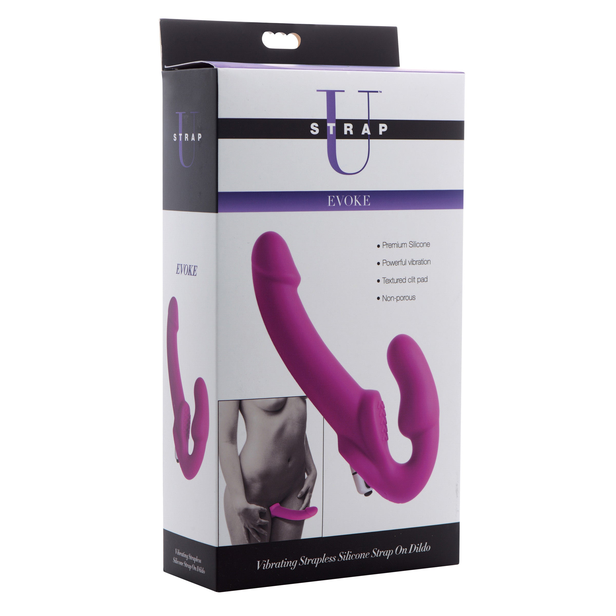 Evoke Vibrating Strapless Silicone Strap-on Dildo in pink, showcasing its curved design and smooth silicone finish.