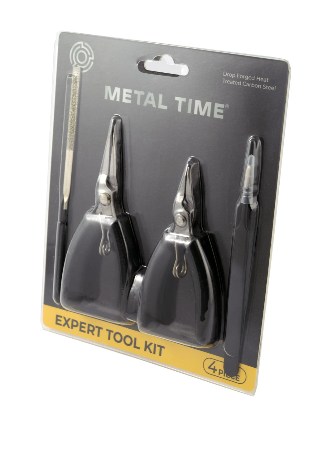 Expert Toolkit for Metal Time models featuring tweezers, pliers, long-nose pliers, and a file, designed for precision assembly and maintenance.