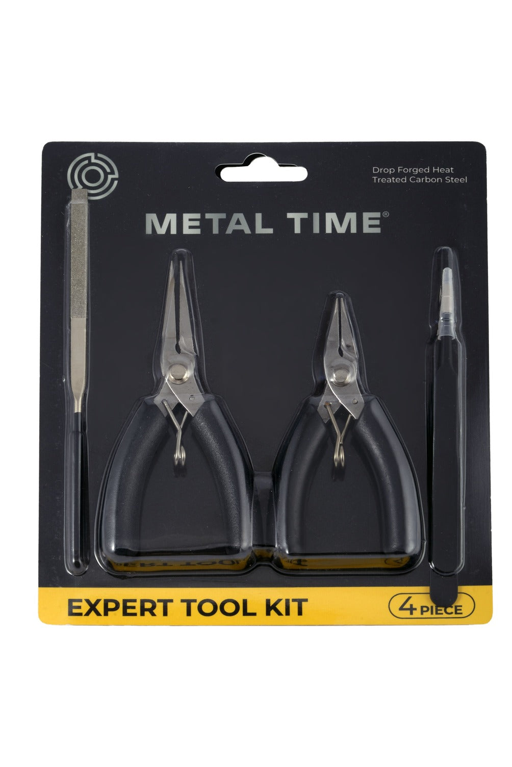 Expert Toolkit for Metal Time models featuring tweezers, pliers, long-nose pliers, and a file, designed for precision assembly and maintenance.