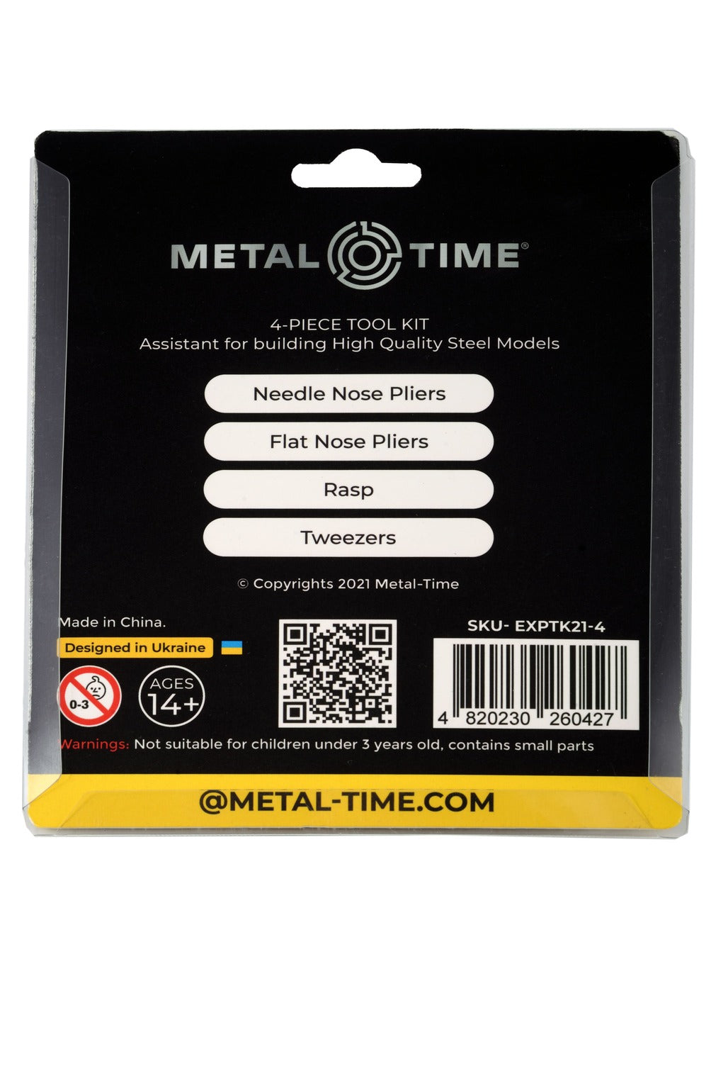 Expert Toolkit for Metal Time models featuring tweezers, pliers, long-nose pliers, and a file, designed for precision assembly and maintenance.