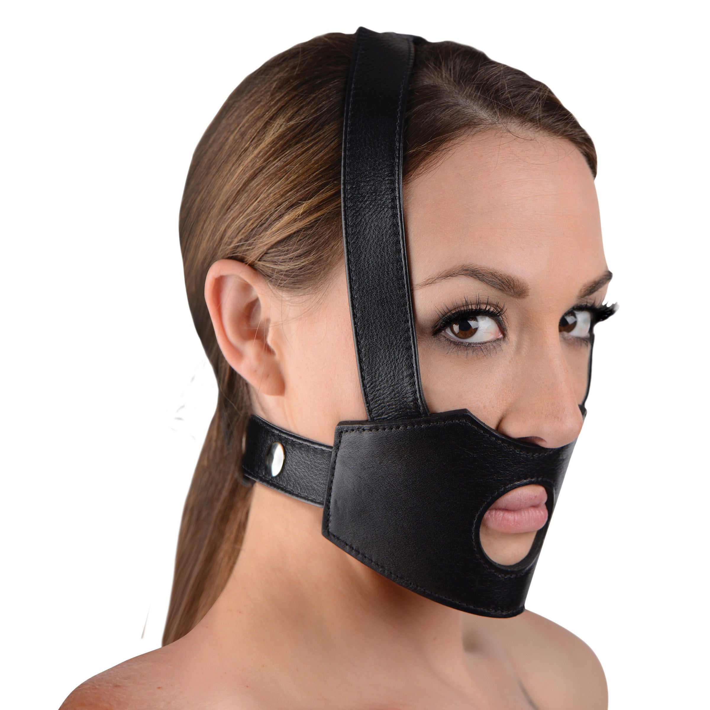 Face Fuk II Dildo Face Harness in black leatherate with adjustable straps for secure fit.