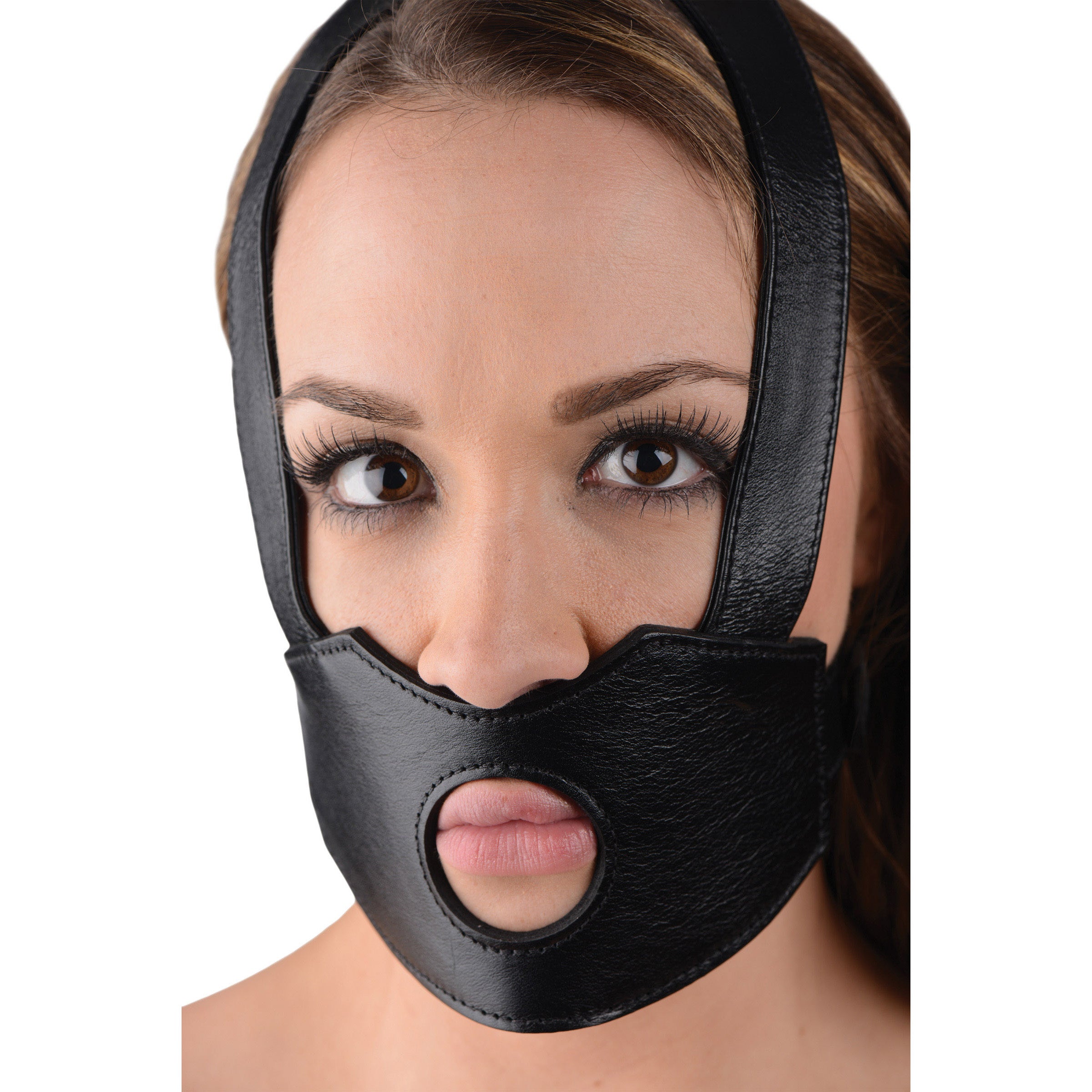 Face Fuk II Dildo Face Harness in black leatherate with adjustable straps for secure fit.