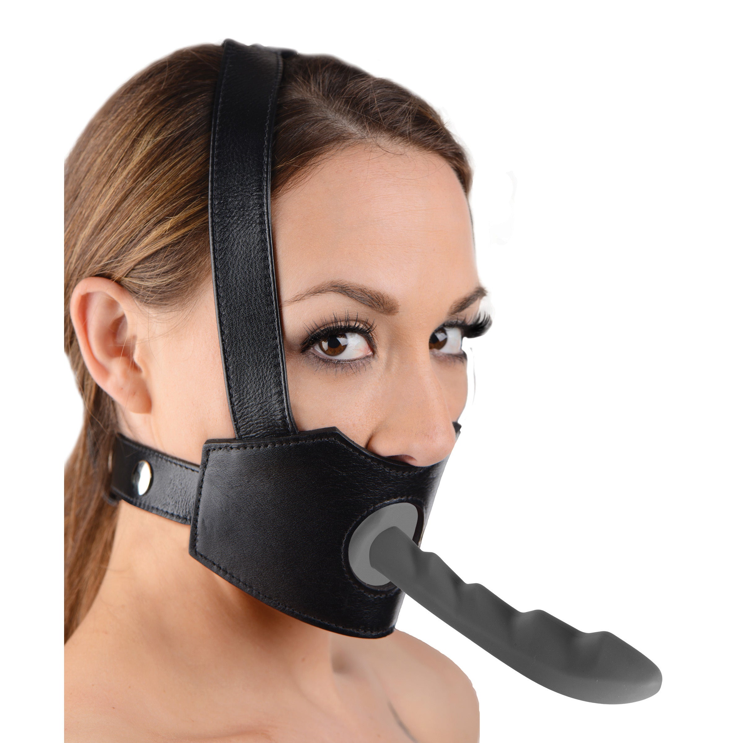 Face Fuk II Dildo Face Harness in black leatherate with adjustable straps for secure fit.