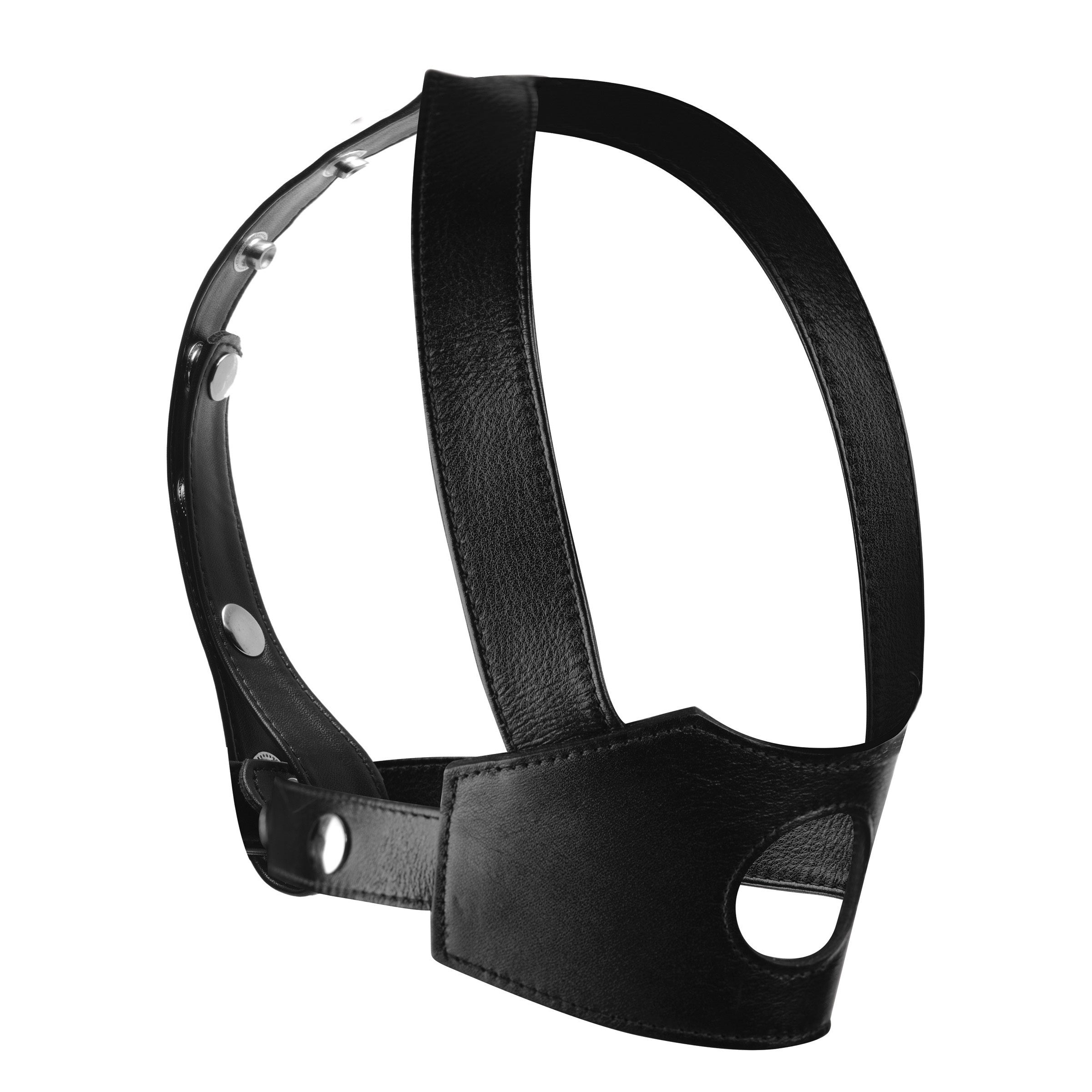 Face Fuk II Dildo Face Harness in black leatherate with adjustable straps for secure fit.