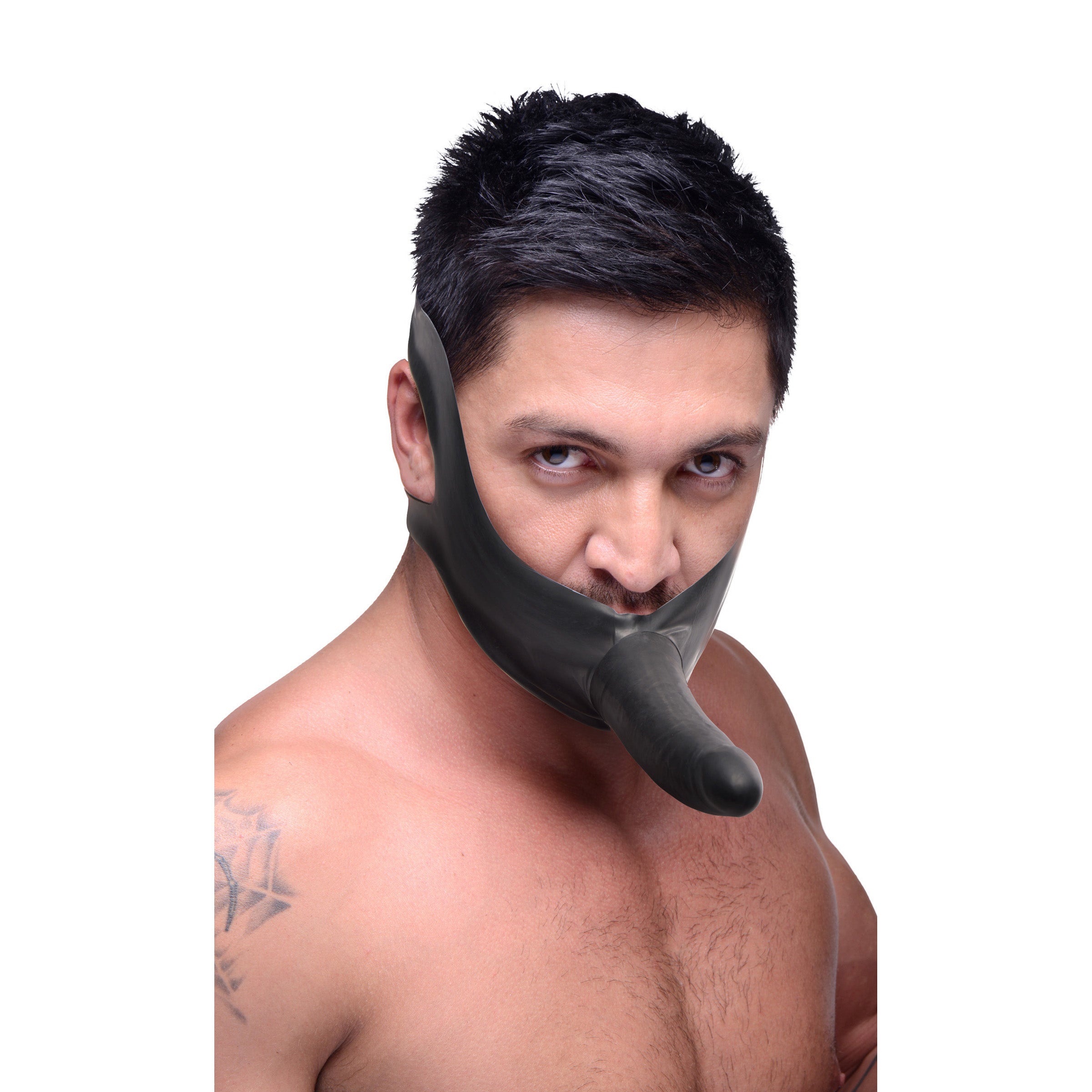 Face Fuk Strap On Mouth Gag with rigid black dildo and stretchy latex straps, designed for versatile pleasure.