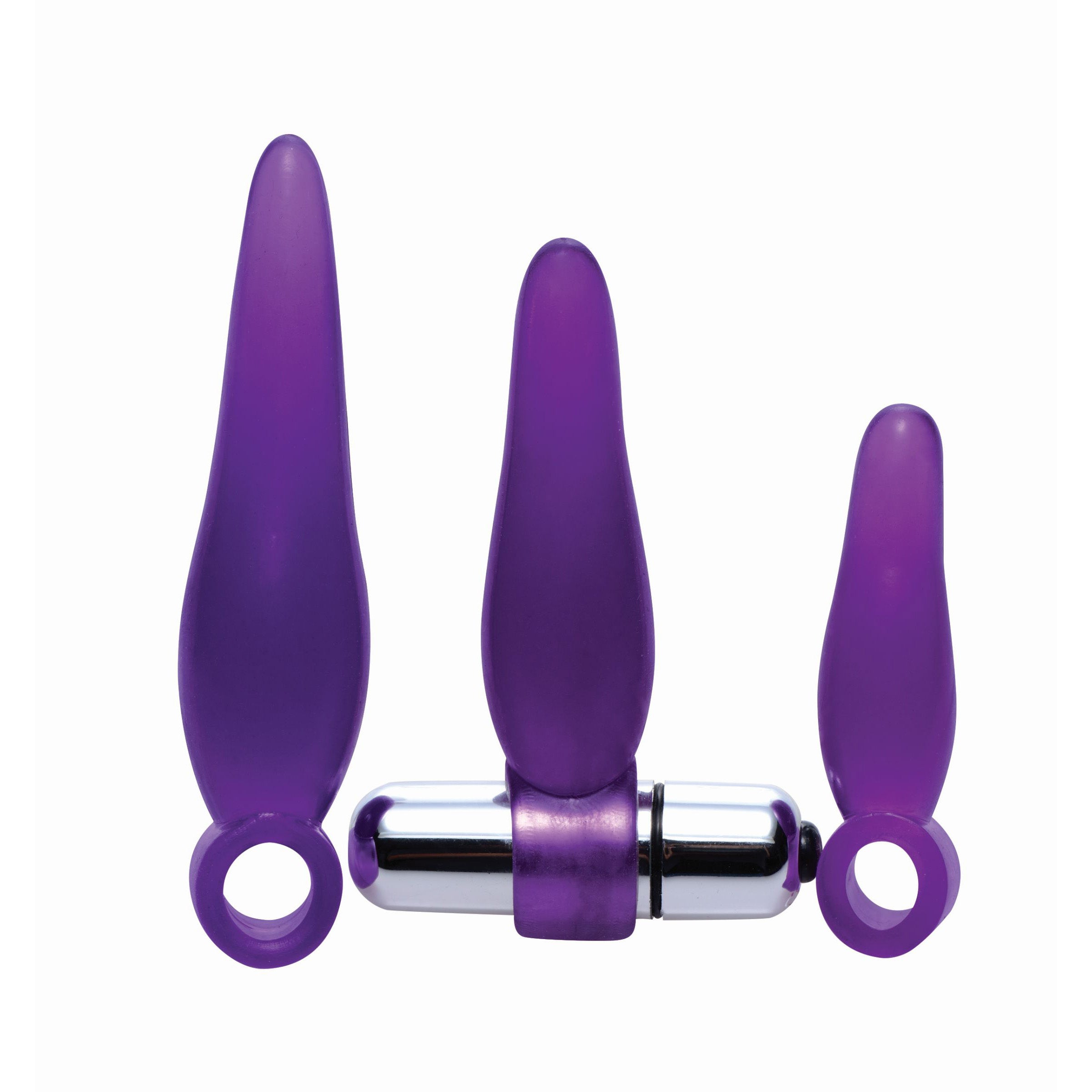 Fanny Fiddlers 3 Piece Finger Rimmer Set with Vibrating Bullet in purple, showcasing three different sizes of anal plugs and a vibrating bullet.