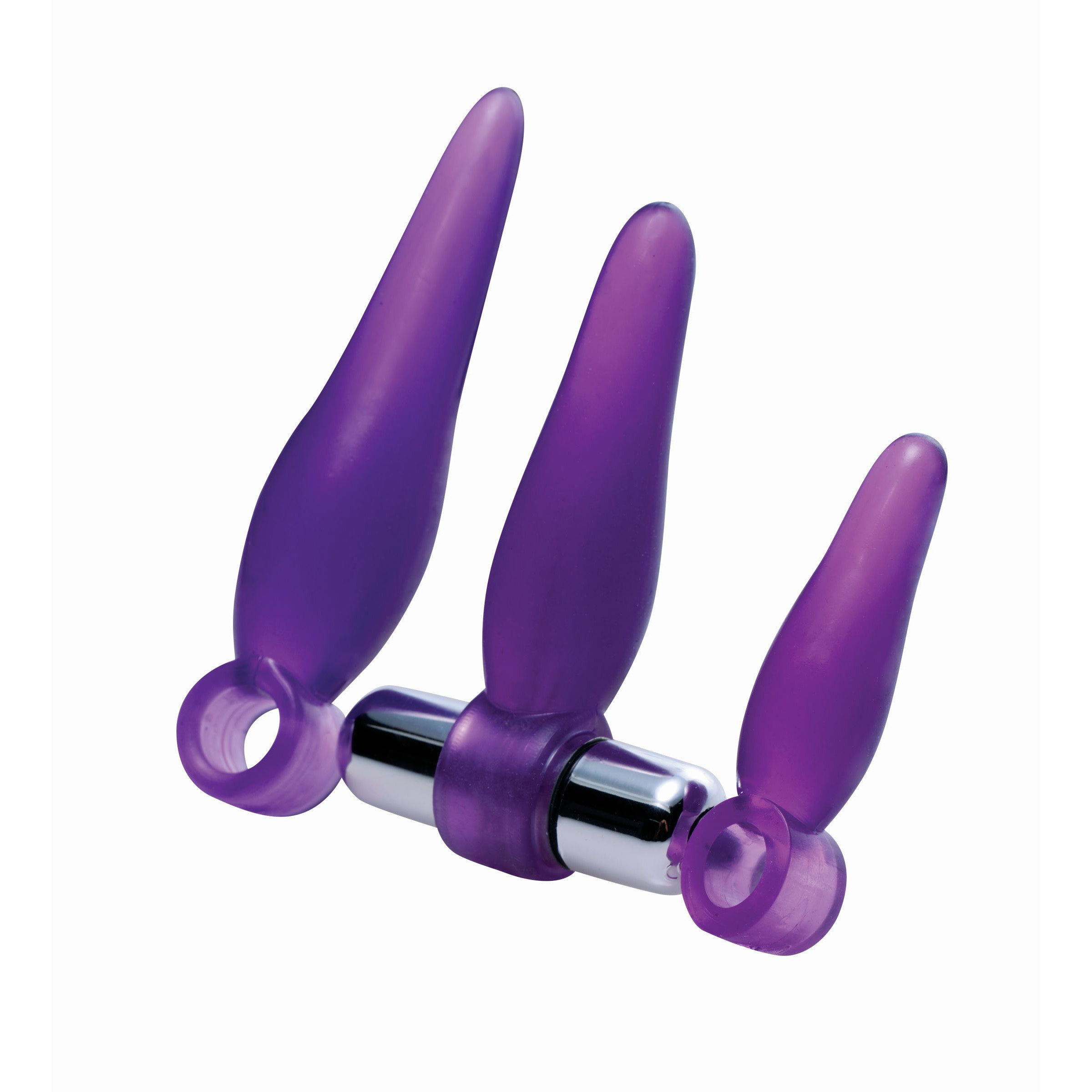 Fanny Fiddlers 3 Piece Finger Rimmer Set with Vibrating Bullet in purple, showcasing three different sizes of anal plugs and a vibrating bullet.