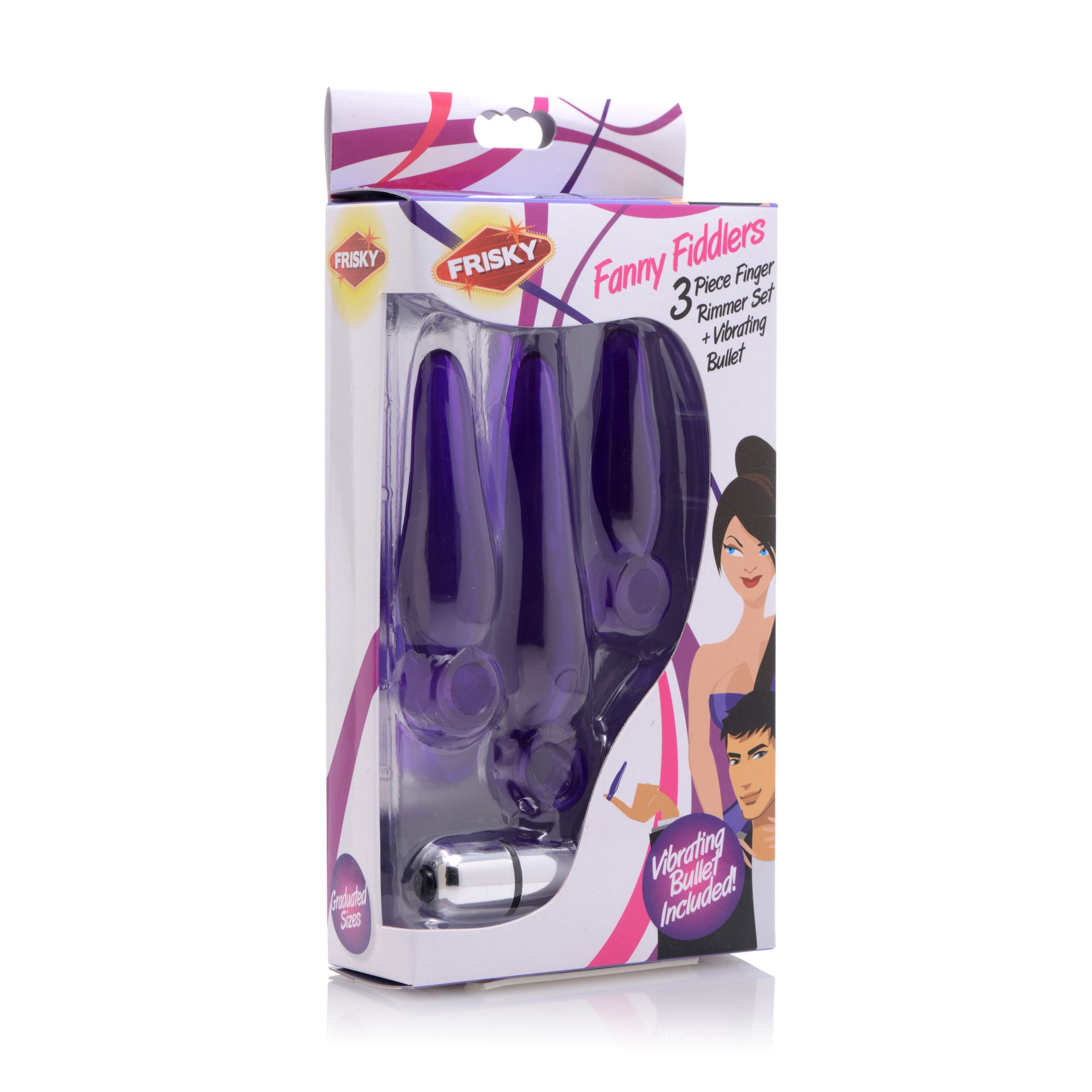 Fanny Fiddlers 3 Piece Finger Rimmer Set with Vibrating Bullet in purple, showcasing three different sizes of anal plugs and a vibrating bullet.