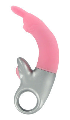 Finger Loop Bunny Vibe in pink and silver, showcasing its ergonomic handle and flexible rabbit ears.