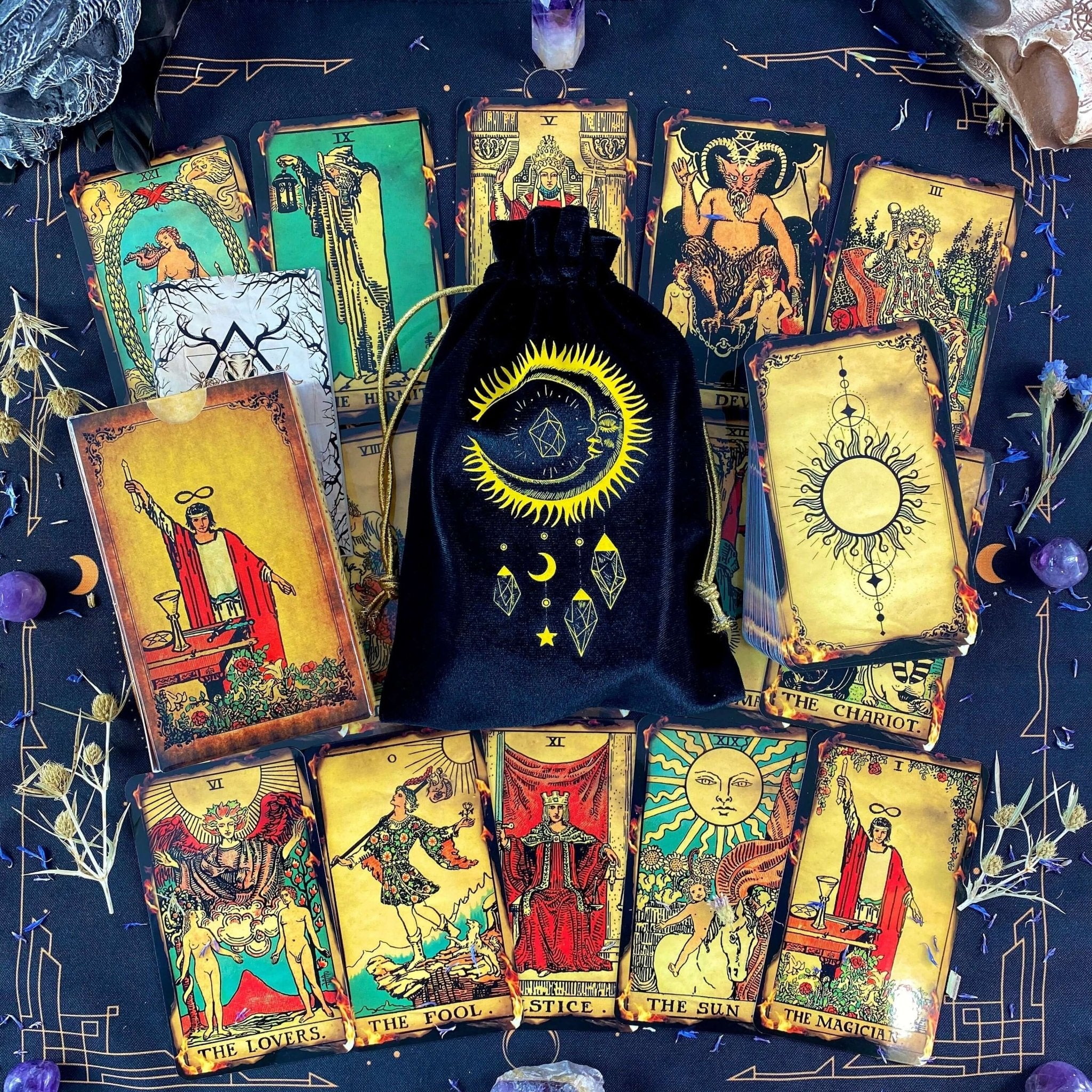 Fire Tarot Deck featuring 78 beautifully illustrated cards, a guidebook, velvet bag, and wooden box, perfect for tarot readings.