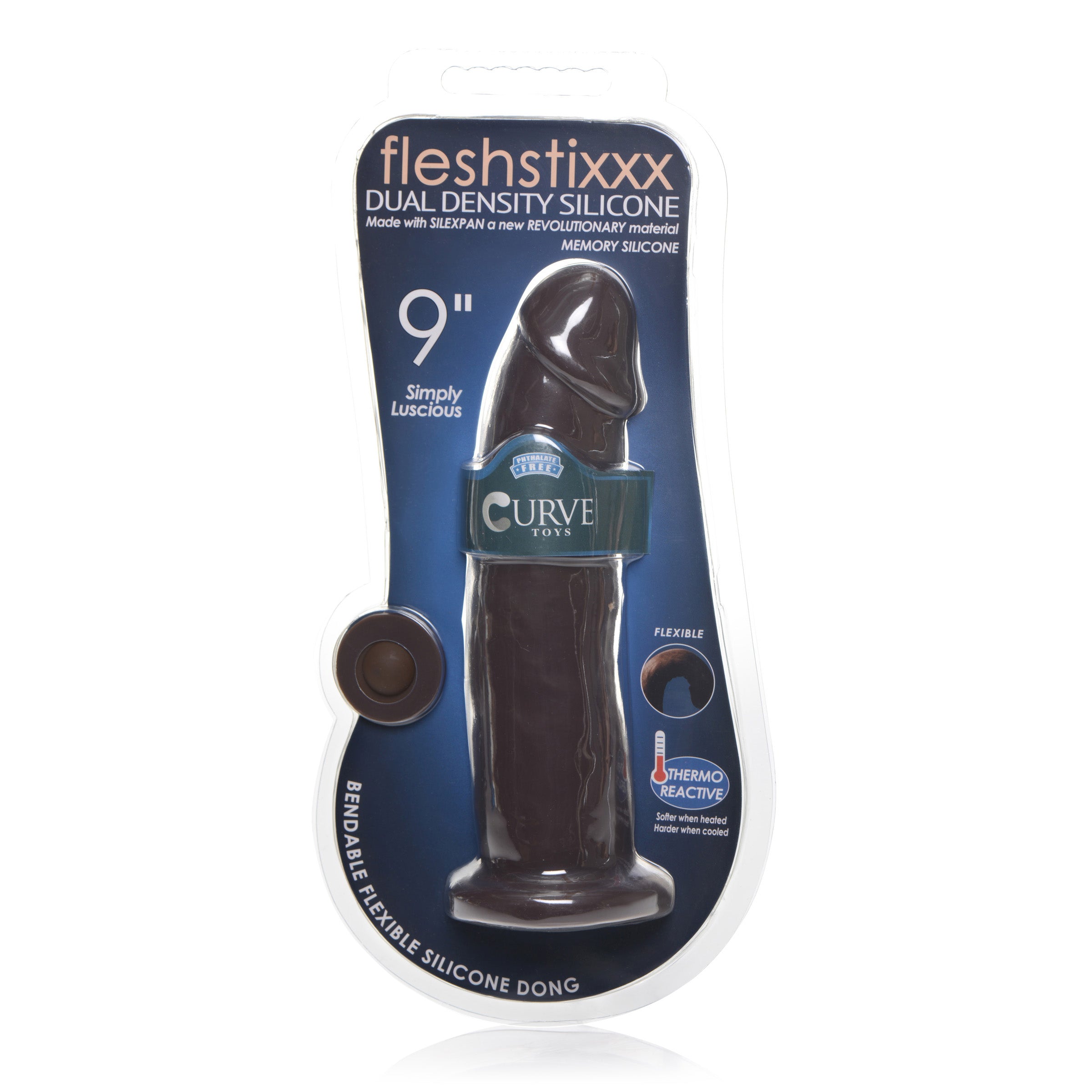 Fleshstixxx 9 Inch Silicone Dildo in dark color, showcasing its realistic phallic head and sculpted veins.