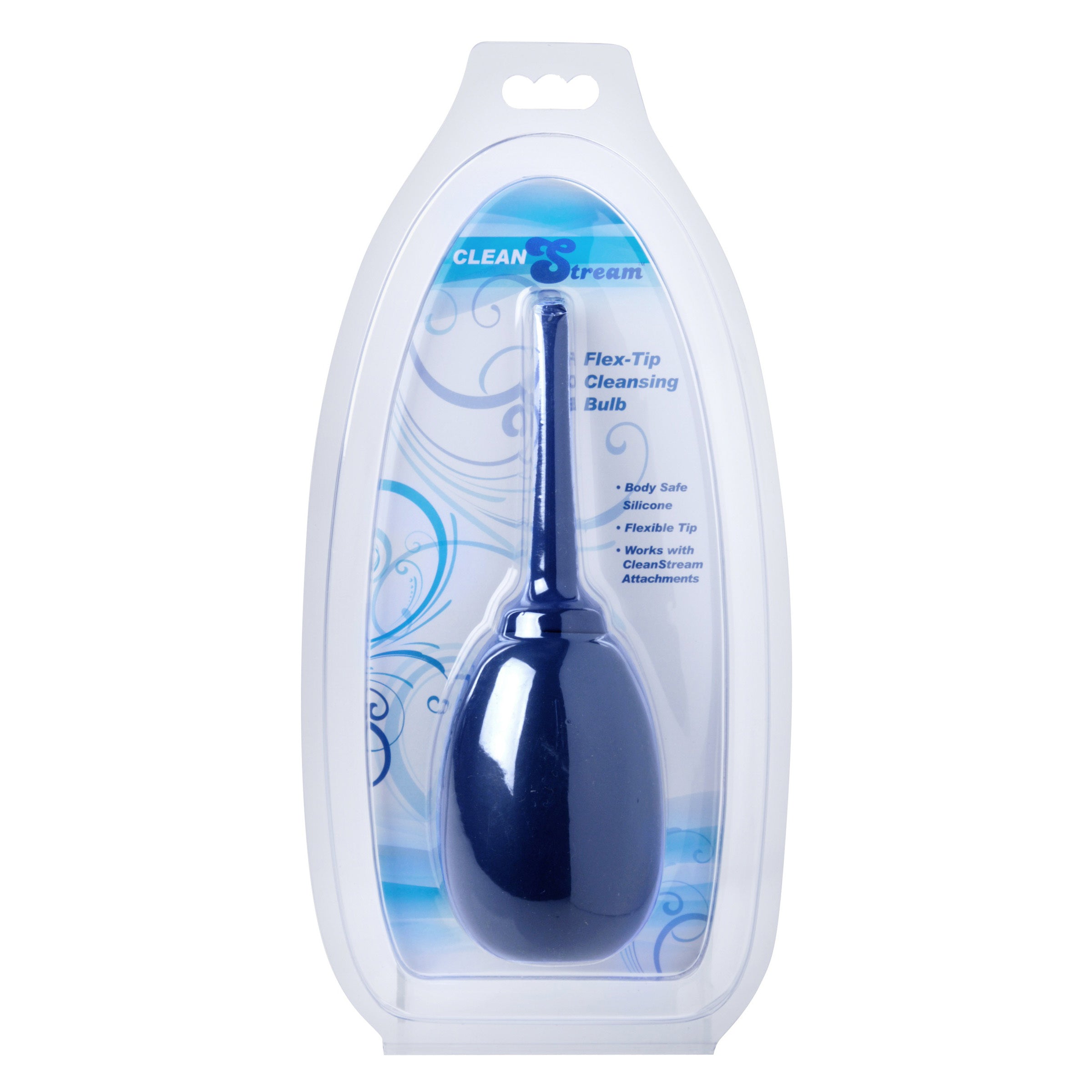 Flex Tip Cleansing Enema Bulb in blue, made of body-safe silicone with a flexible tapered tip for comfort.